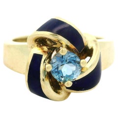 Vintage 14k Gelbgold 0,56 Karat Aquamarin mit blauer Emaille Unendlichkeitsknotenring