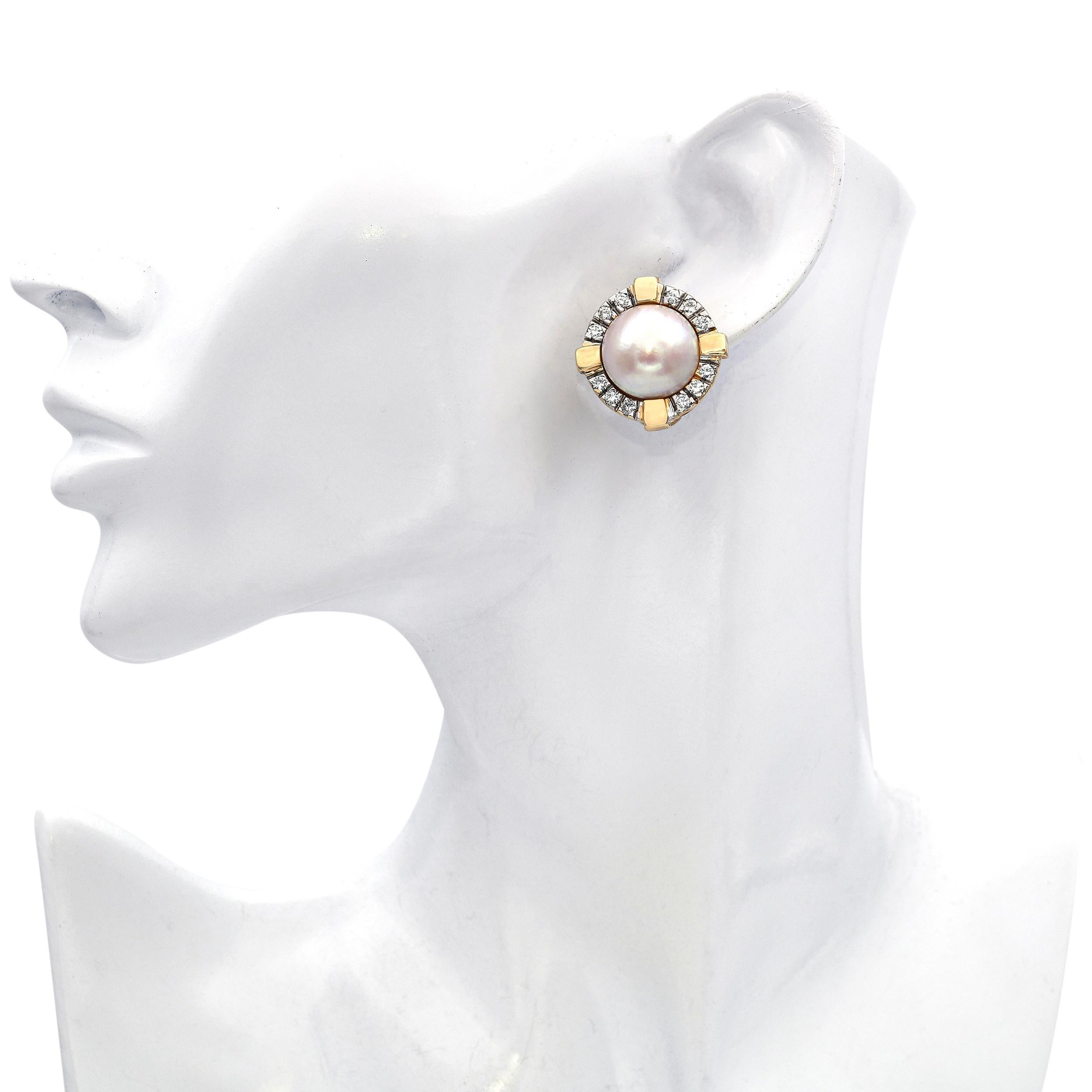 Vintage 14k Gelbgold 0,72tcw Diamant und Mabe Perle Ohrringe (Brillantschliff) im Angebot