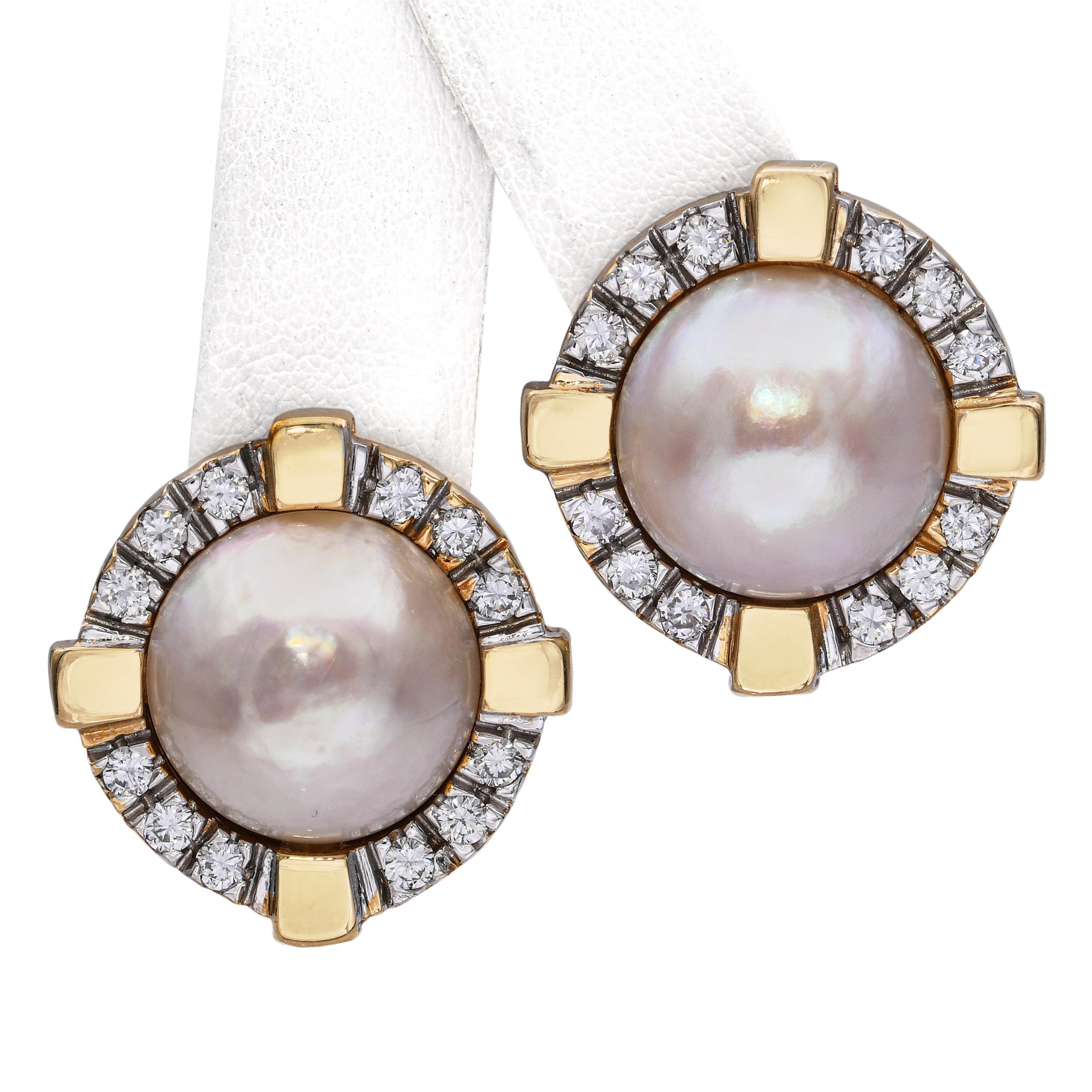 Vintage 14k Gelbgold 0,72tcw Diamant und Mabe Perle Ohrringe für Damen oder Herren im Angebot