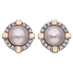 Vintage 14k Gelbgold 0,72tcw Diamant und Mabe Perle Ohrringe