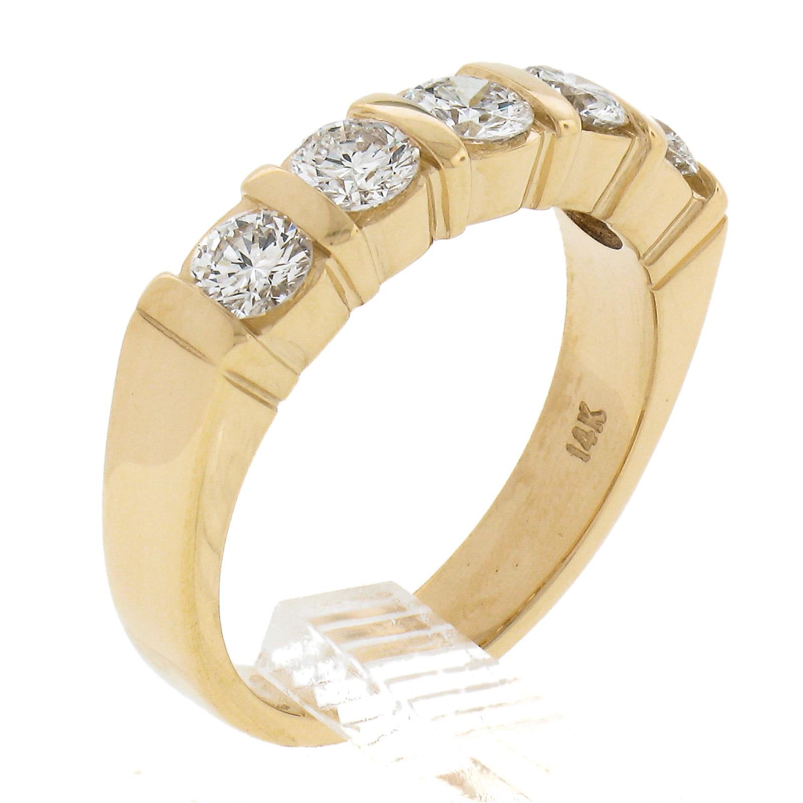 Vintage 14k Yellow Gold 0.85ctw Diamond Channel Bar 5 Stone Wedding Band Ring For Sale 3