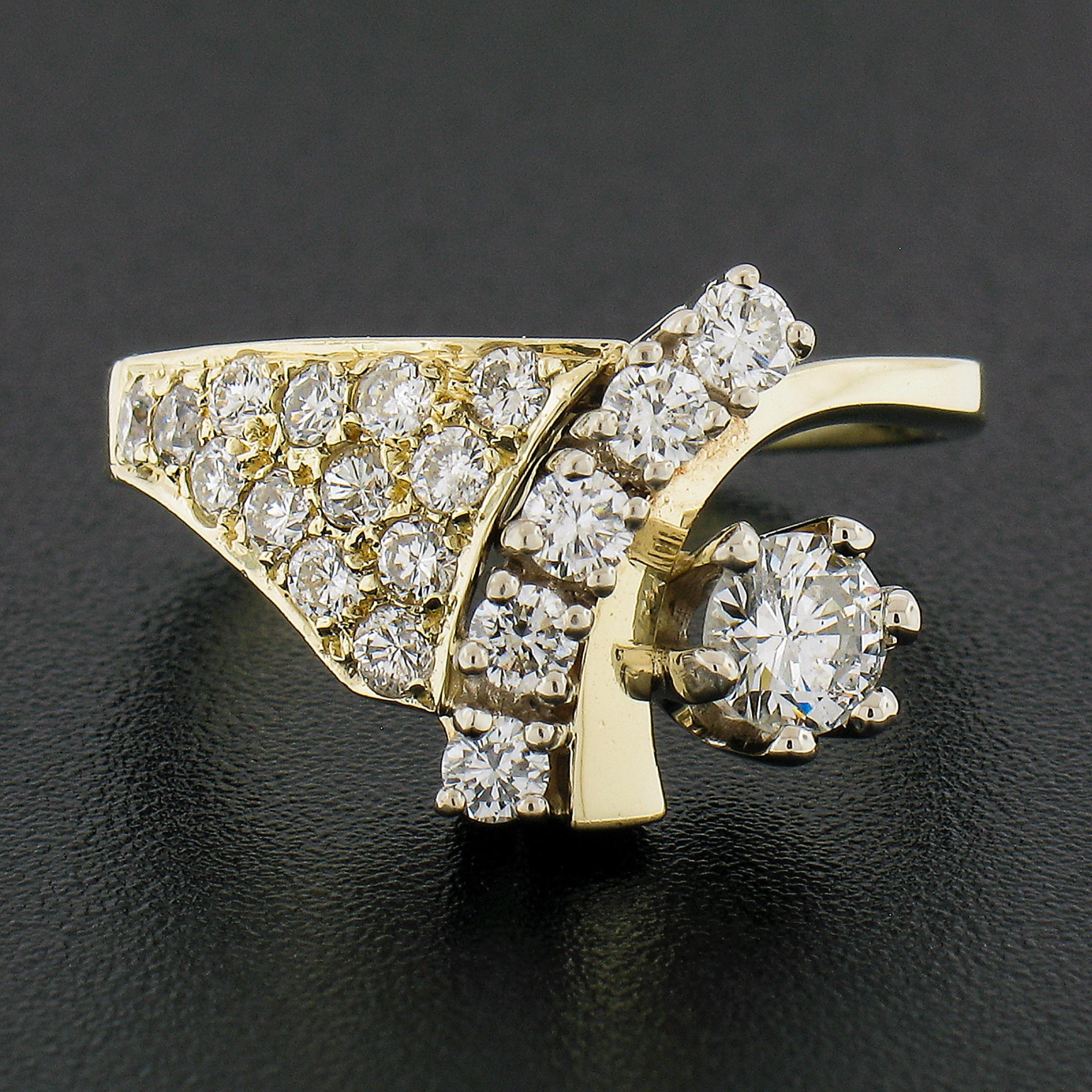 Round Cut Vintage 14k Yellow Gold 0.90ctw Prong & Pave Set Diamond Statement Cocktail Ring For Sale