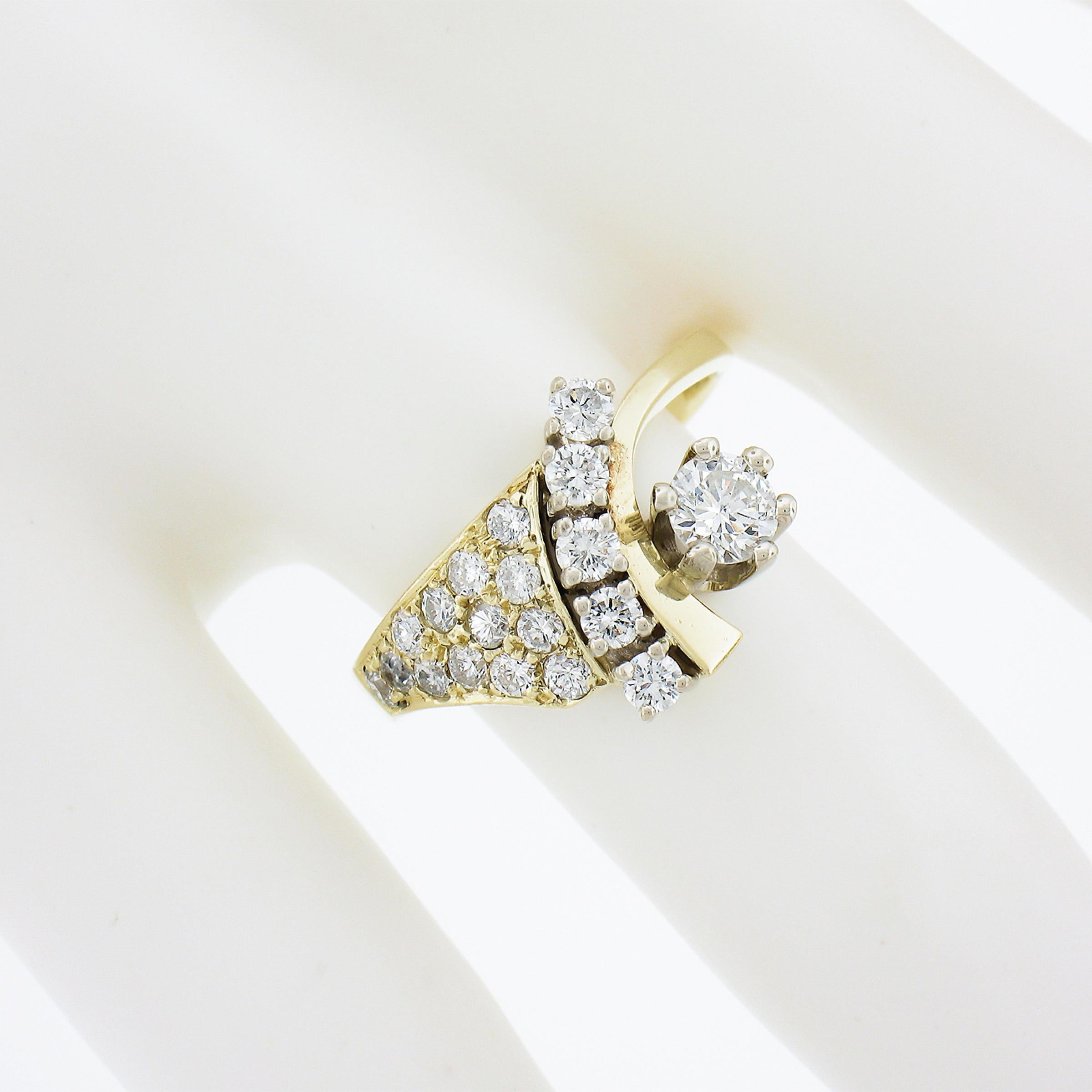 Vintage 14k Yellow Gold 0.90ctw Prong & Pave Set Diamond Statement Cocktail Ring In Good Condition For Sale In Montclair, NJ