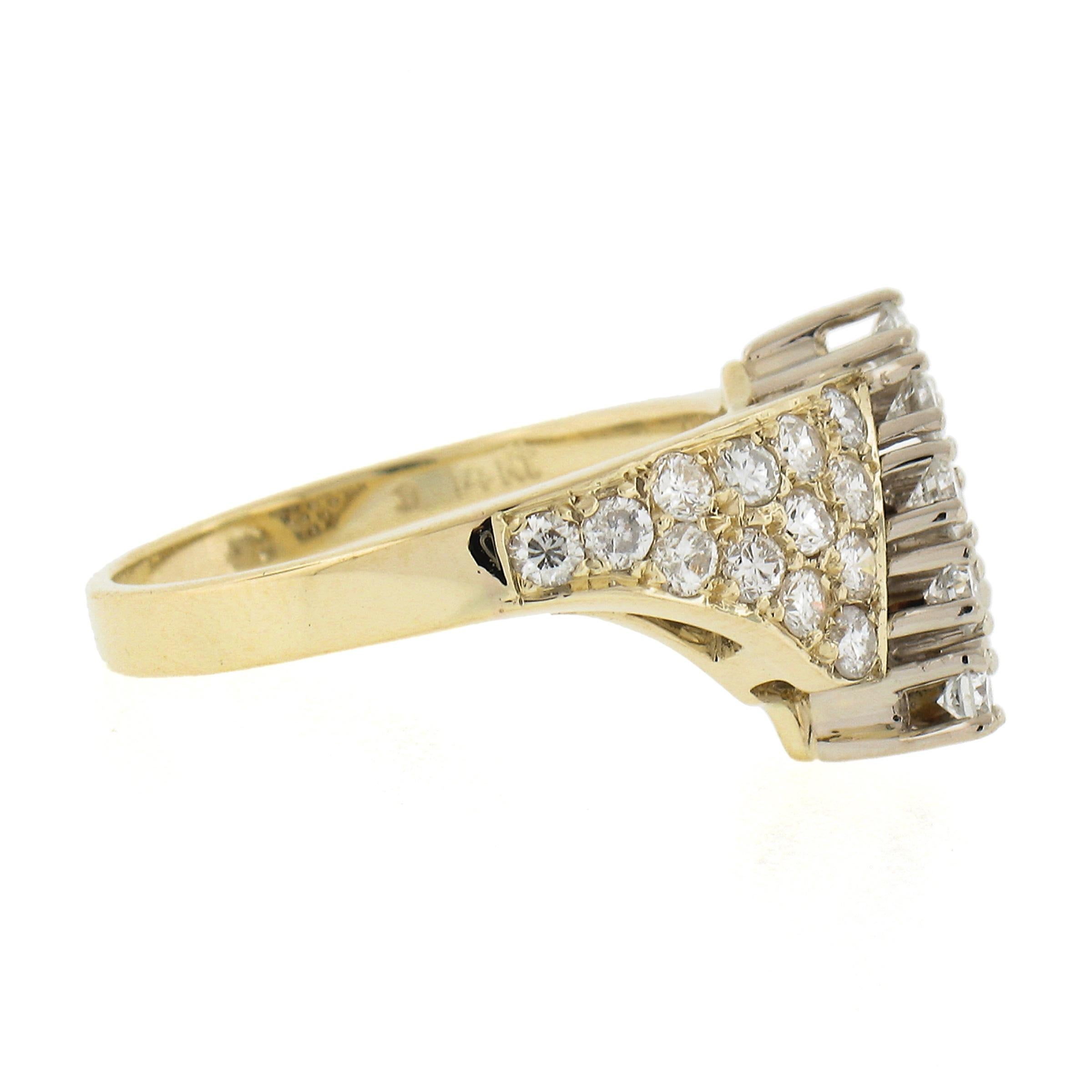 Vintage 14k Yellow Gold 0.90ctw Prong & Pave Set Diamond Statement Cocktail Ring For Sale 1