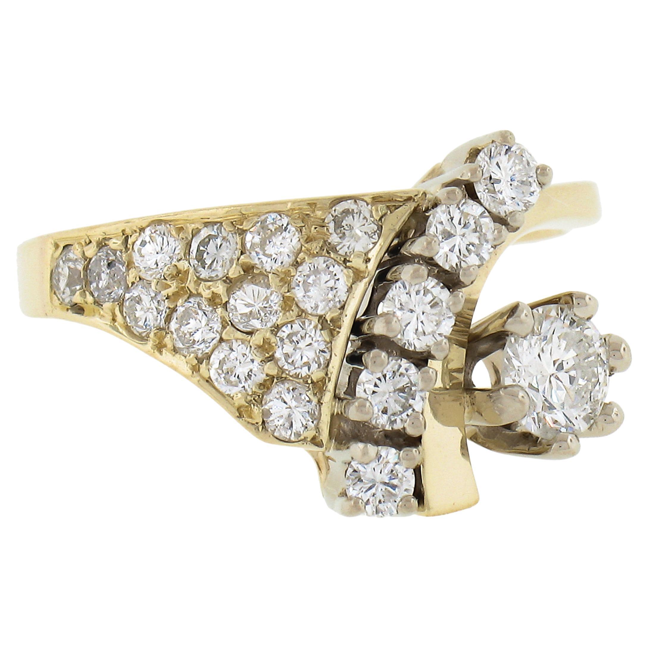 Vintage 14k Yellow Gold 0.90ctw Prong & Pave Set Diamond Statement Cocktail Ring For Sale