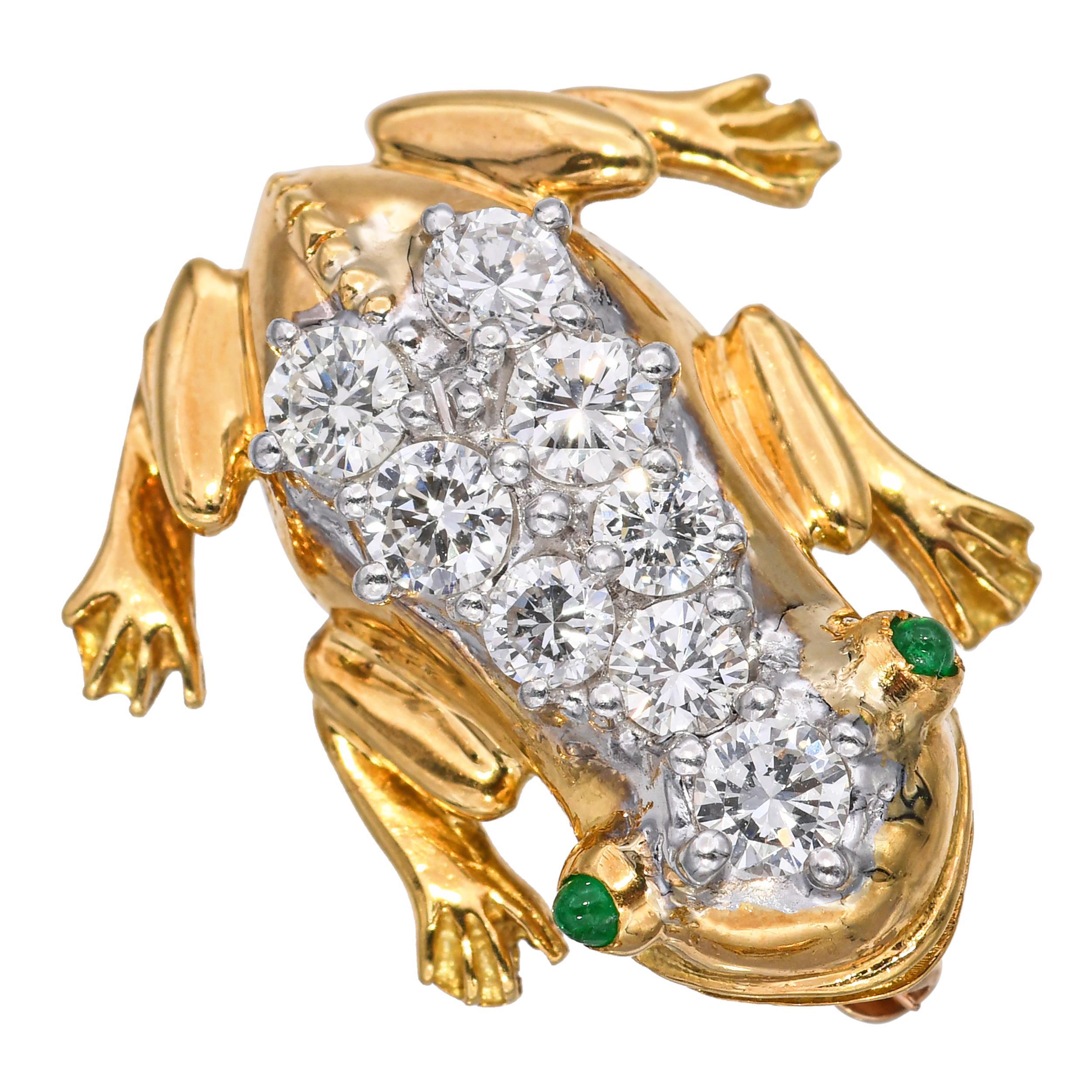 Questa giocosa spilla vintage è realizzata in oro giallo 14k e ha l'affascinante forma di una rana. Il suo corpo è ornato da 0,95 carati di diamanti scintillanti, che aggiungono brillantezza e consistenza al design stravagante. La dettagliata