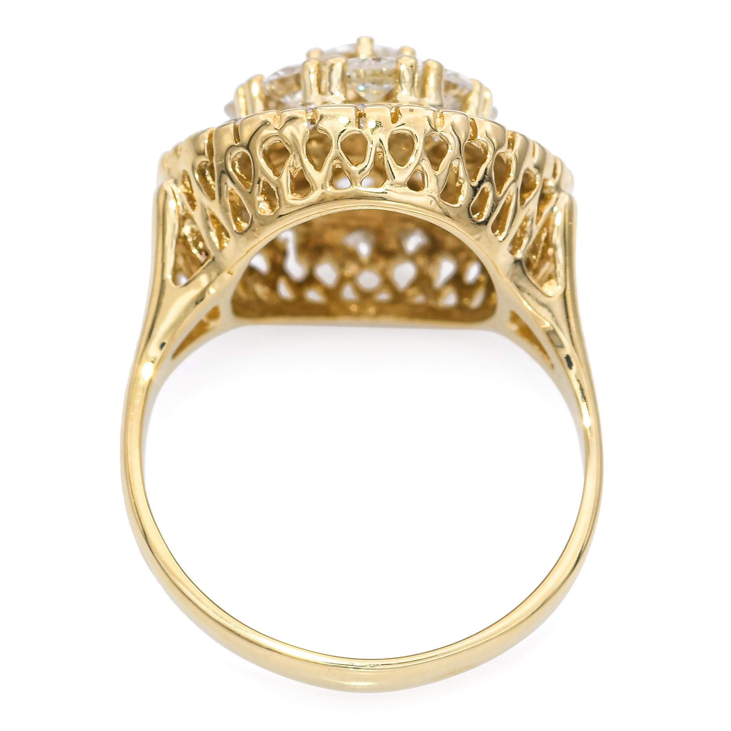 Vintage 14k Yellow Gold 0.98tcw Diamond Cluster Ring Pour femmes en vente