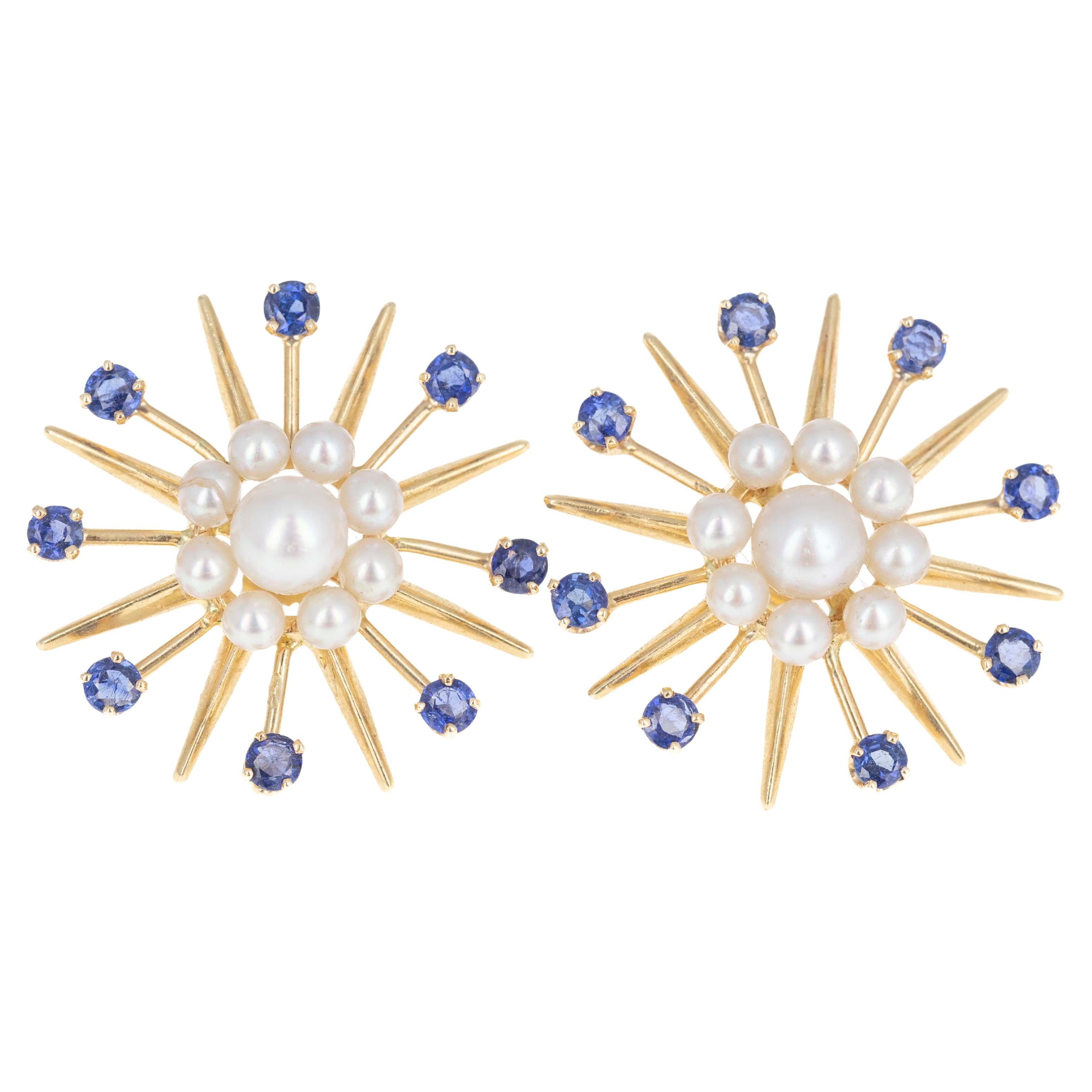 Vintage 14K Yellow Gold 1 Carat Sapphire Cultured Pearl Star Earrings
