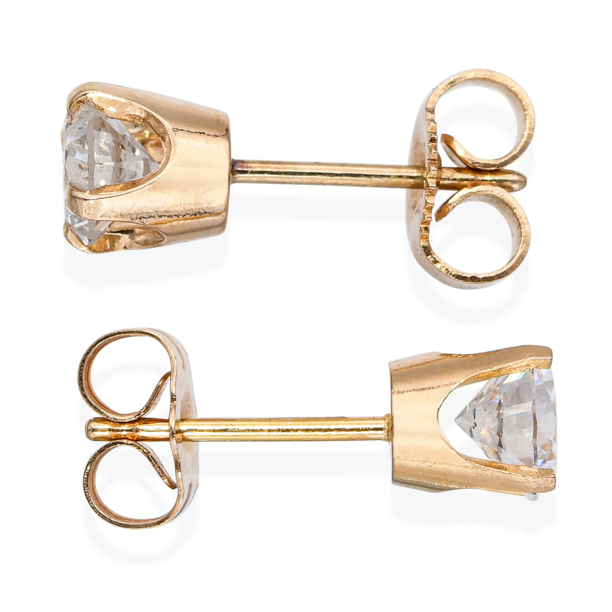 Women's or Men's Vintage 14k Yellow Gold 1.01tcw L Si1 Diamond Stud Earrings For Sale
