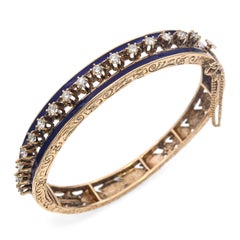 Vintage 14k Yellow Gold 1.02tcw Diamond and Blue Enamel Bangle Bracelet