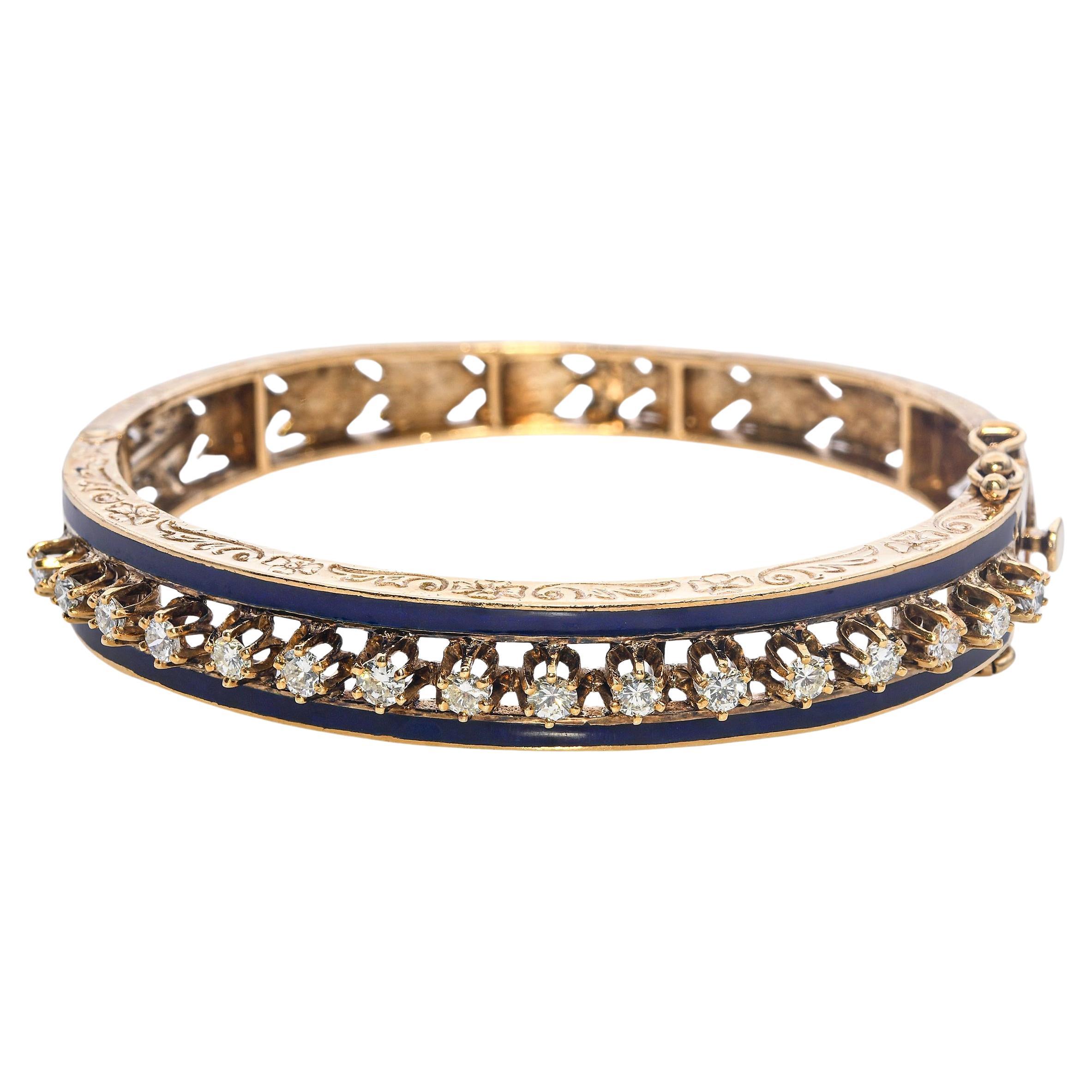 Vintage 14k Yellow Gold 1.02tcw Diamond and Blue Enamel Bangle Bracelet