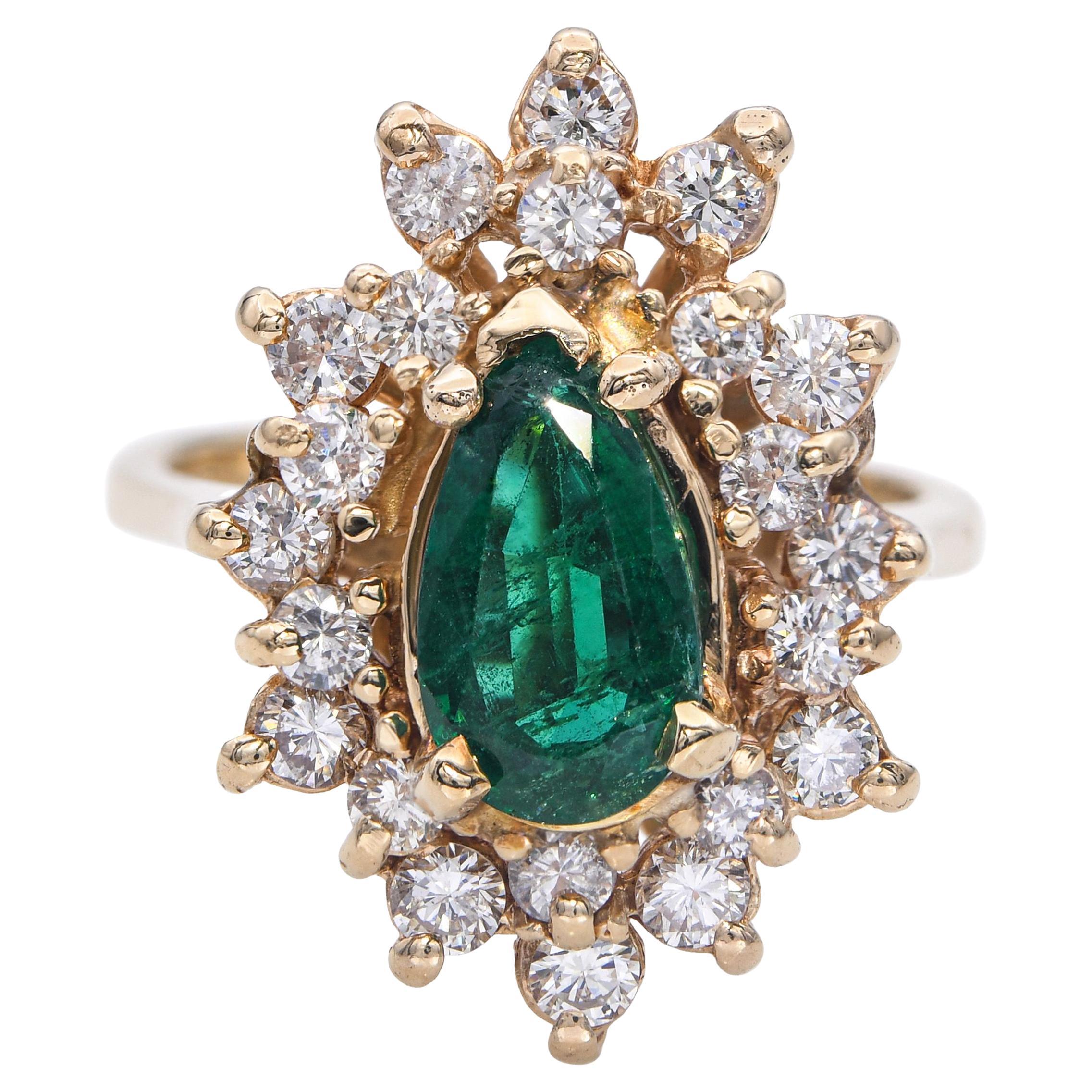 Vintage 14k Yellow Gold 1.03ct Emerald and Diamond Statement Ring