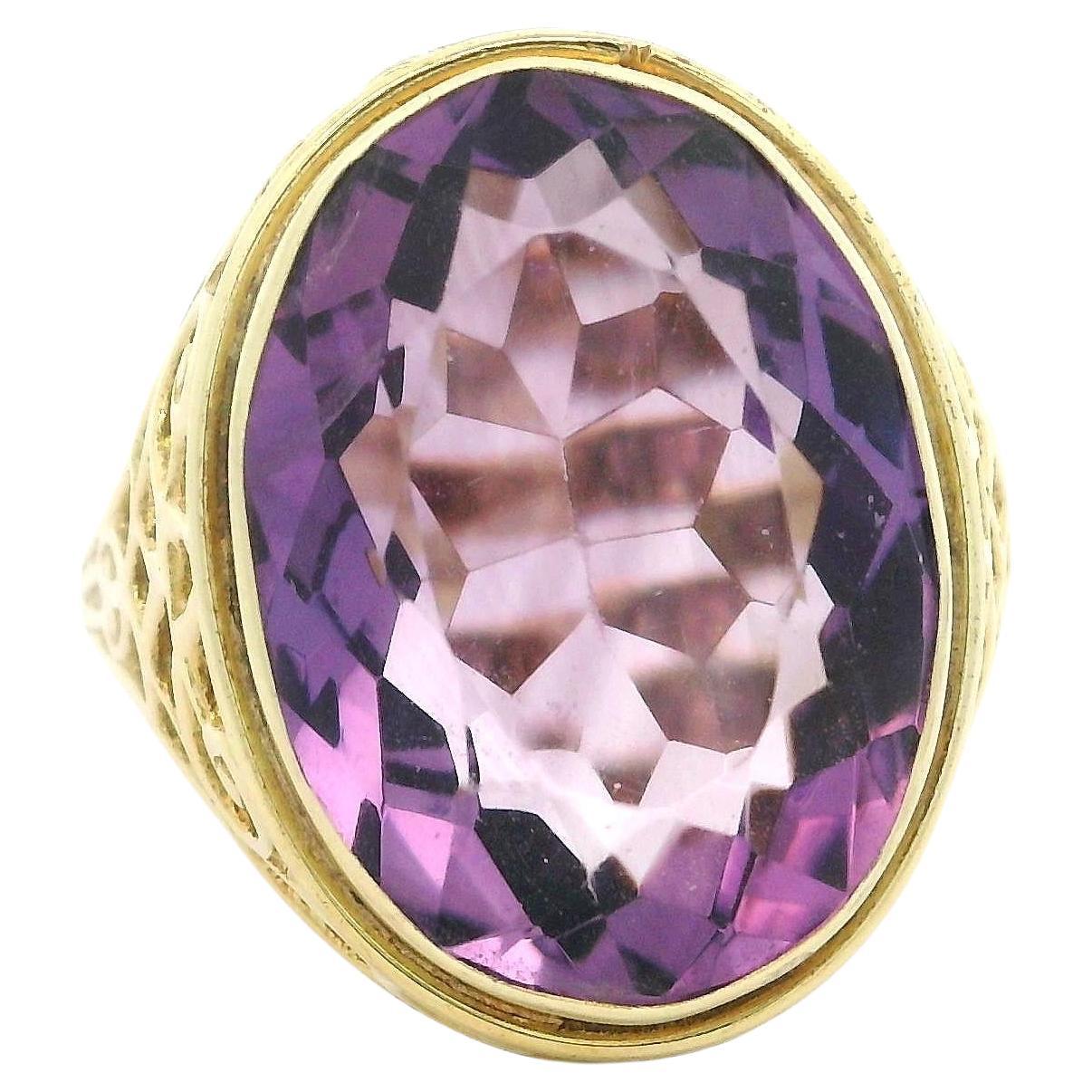 Vintage 14k Yellow Gold 10.75ct Oval Amethyst Solitaire Filigree Open Work Ring For Sale