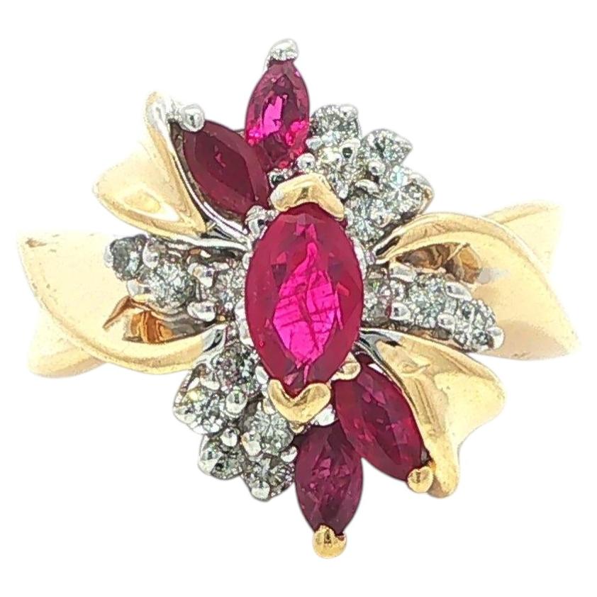 Vintage 14k Yellow Gold 1.09ctw Ruby & Diamond Cluster Flower Swirl Cluster Ring For Sale