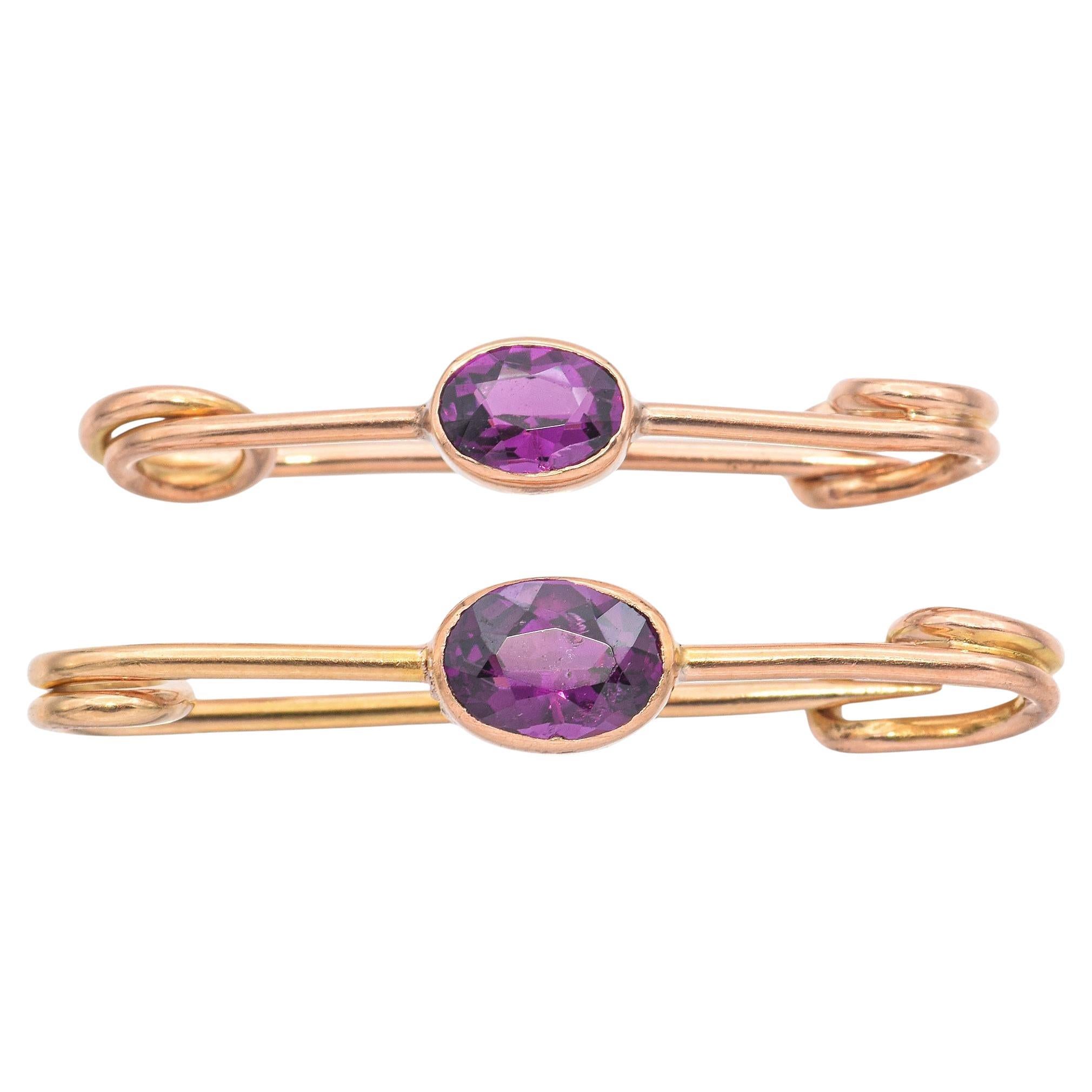 Vintage 14K Yellow Gold 1.10 TCW Rhodolite Garnet Safety Pins Pair