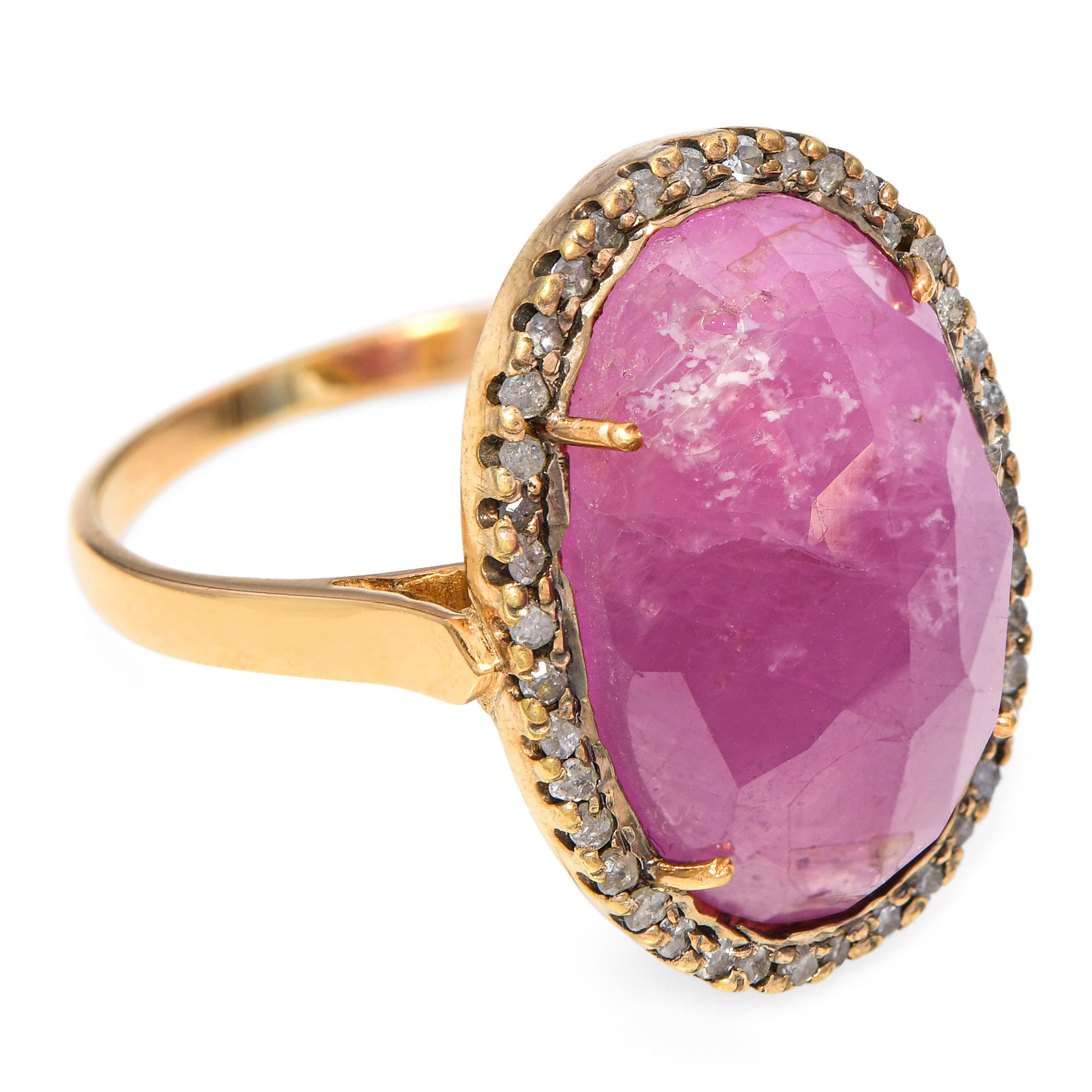 Vintage 14k Gelbgold 11,04ct Rubin und 0,21tcw Diamant Halo Ring Damen im Angebot