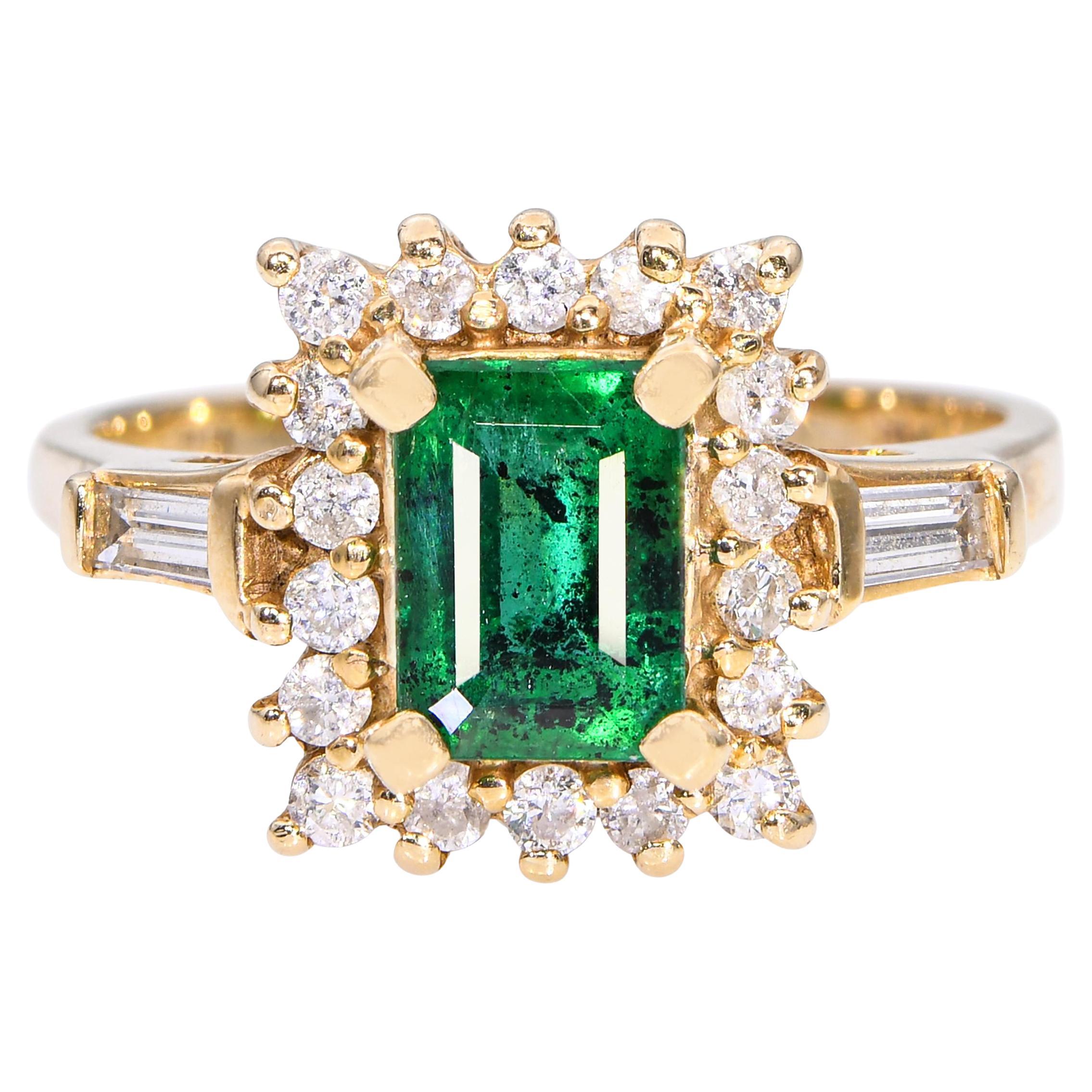 Vintage 14k Yellow Gold 1.12ct Emerald and Diamond Halo Ring
