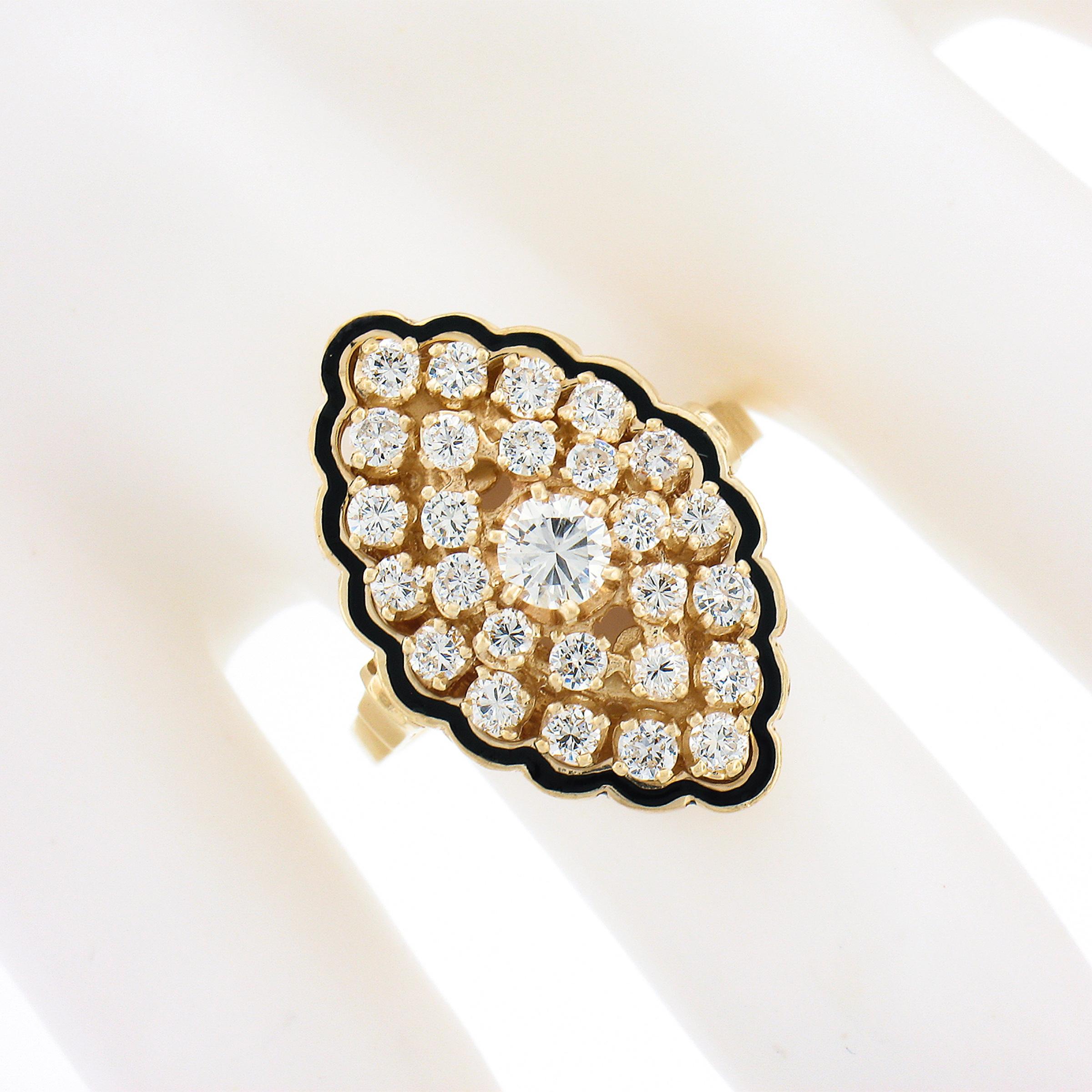 Vintage 14k Yellow Gold 1.12ctw Round Diamond Black Enamel Navette Marquise Ring In Excellent Condition For Sale In Montclair, NJ