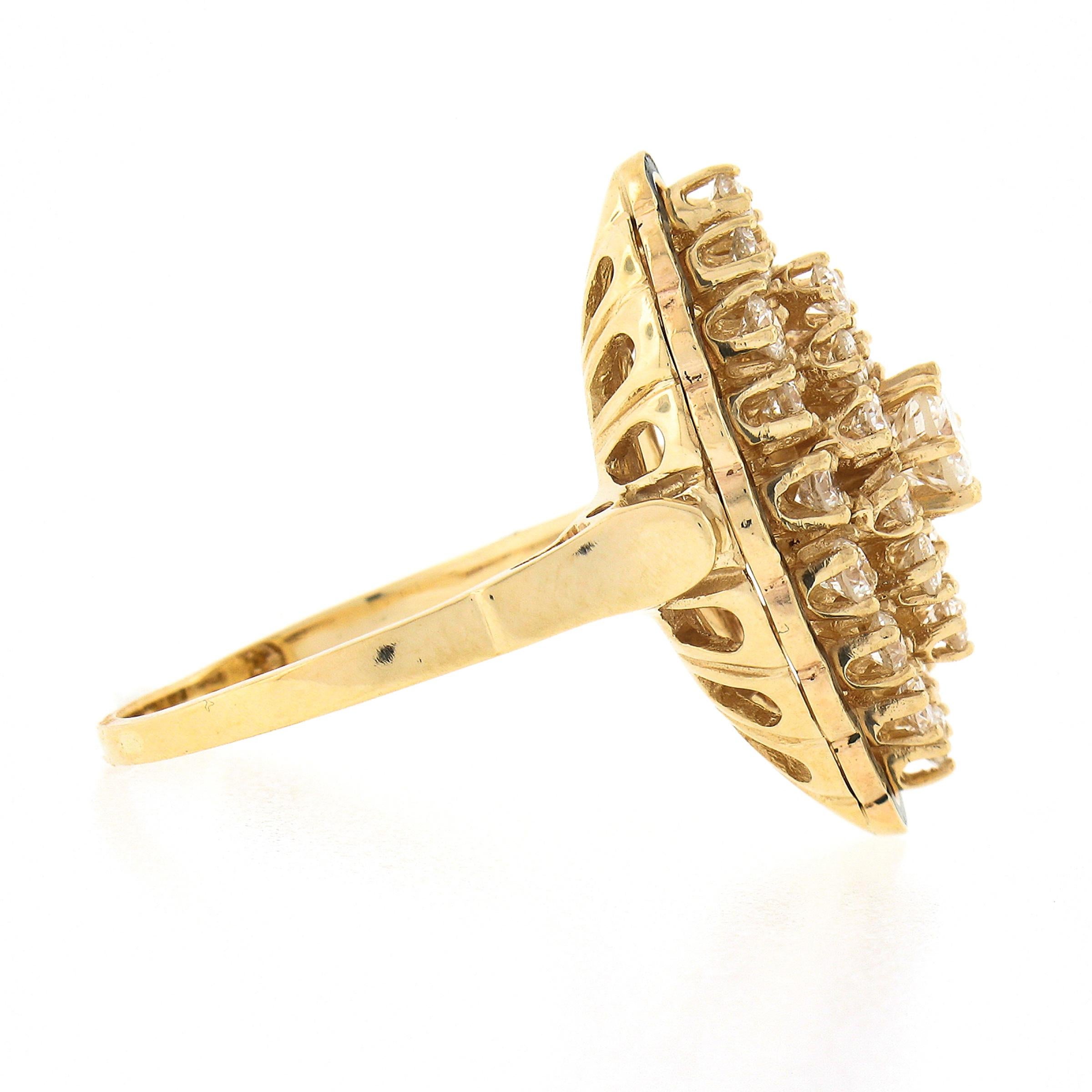 Women's Vintage 14k Yellow Gold 1.12ctw Round Diamond Black Enamel Navette Marquise Ring For Sale