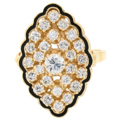 Vintage 14k Yellow Gold 1.12ctw Round Diamond Black Enamel Navette Marquise Ring