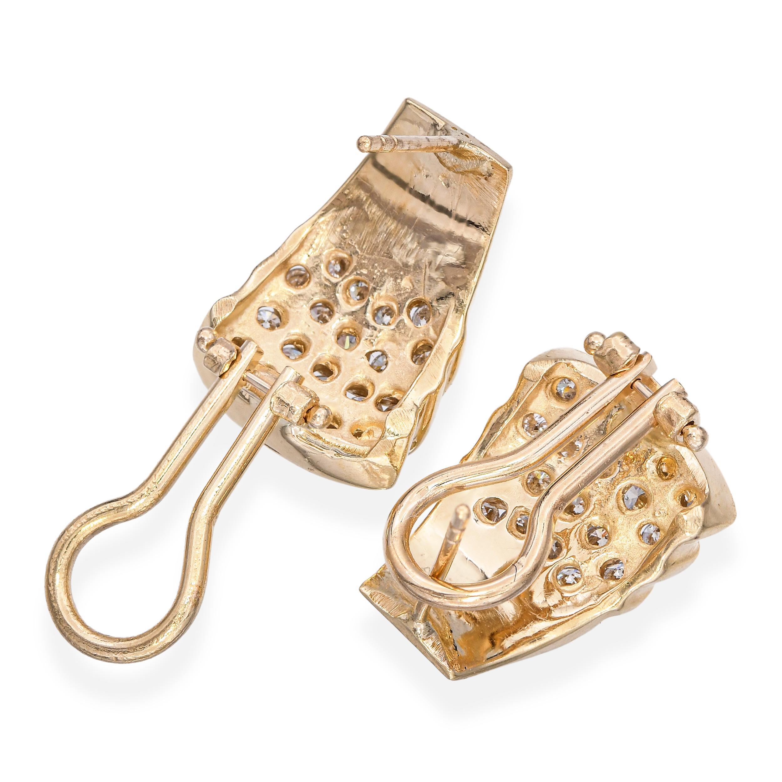 Vintage 14k Yellow Gold 1.14tcw Diamond Earrings In Good Condition For Sale In New York, NY