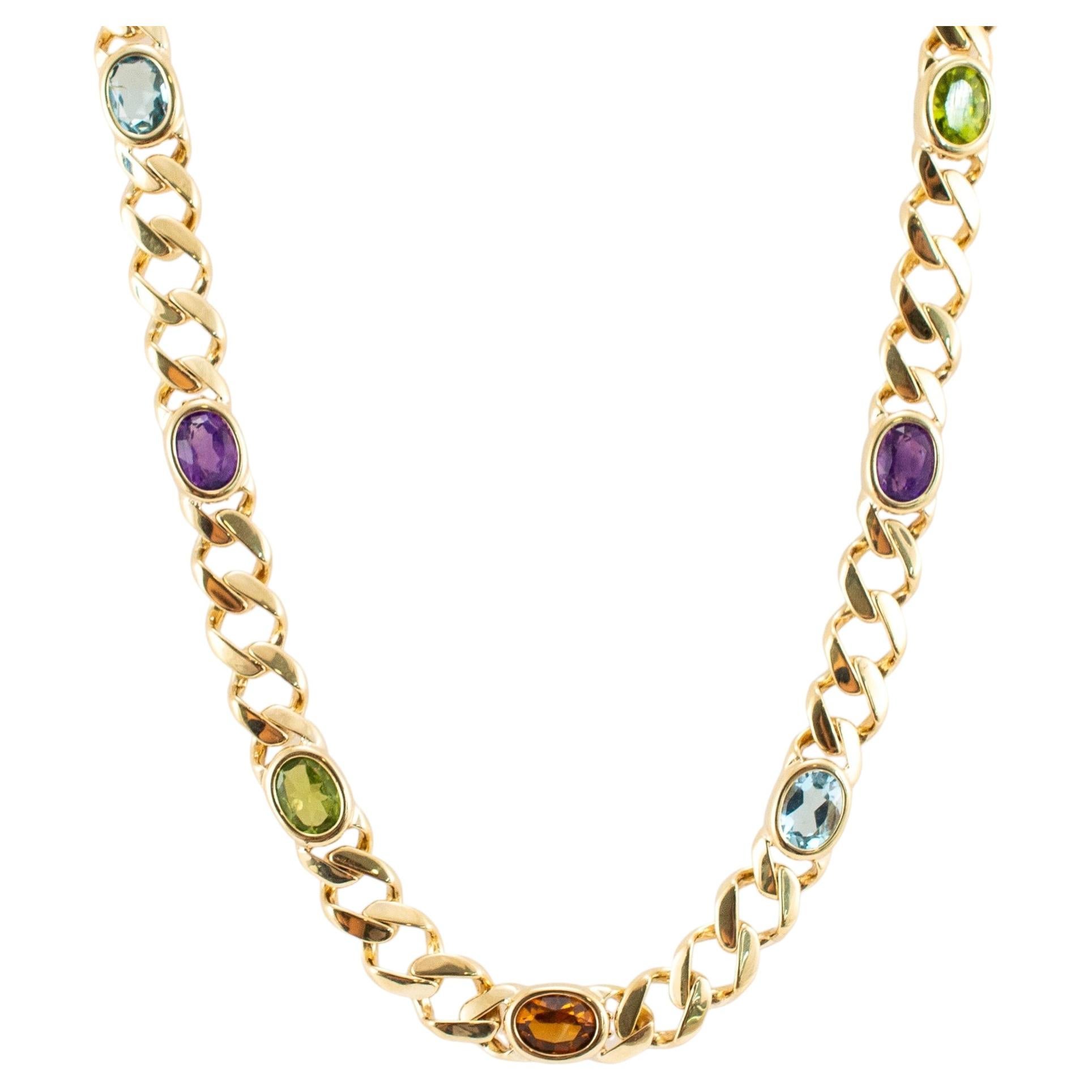 Collar vintage de oro amarillo de 14K con eslabones tipo «curb» y gemas de colores del arcoíris, con un total de 11,98 ct