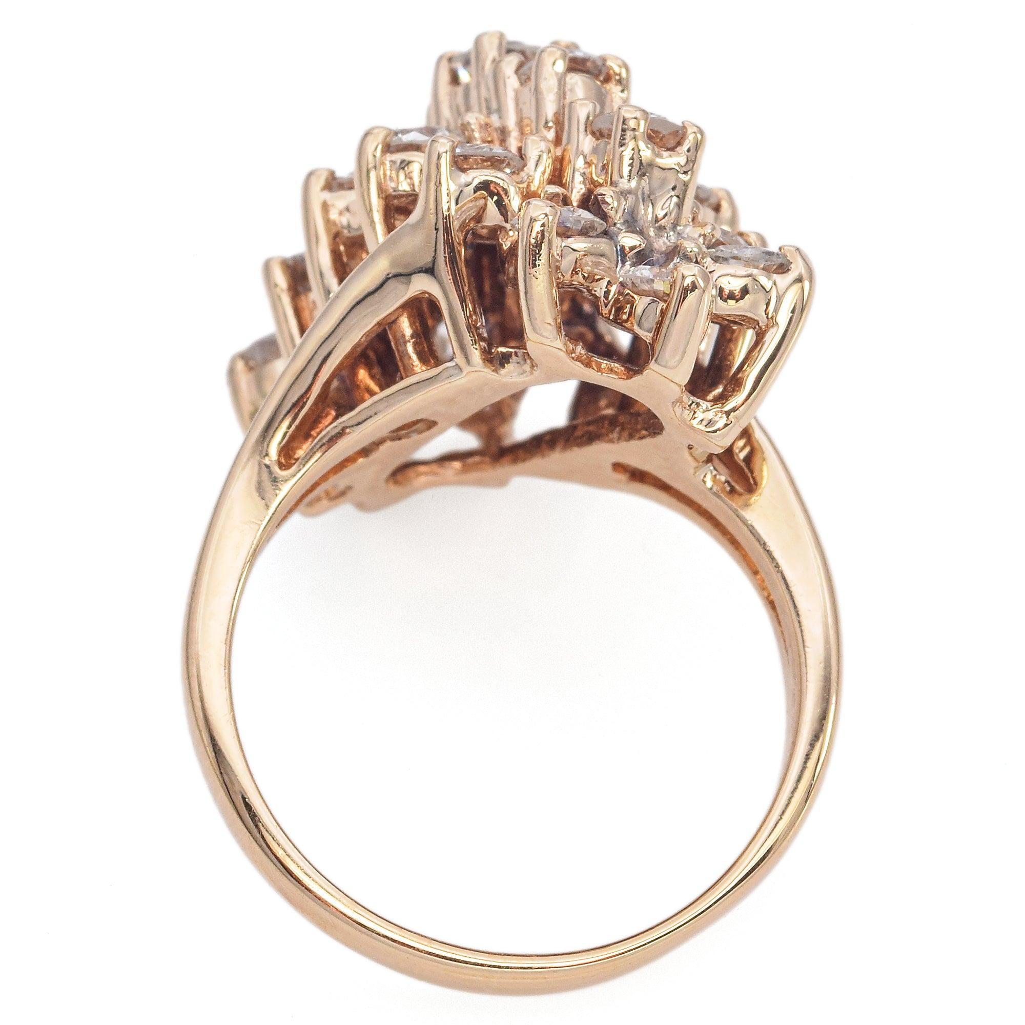 Retro Vintage 14K Yellow Gold 1.20 TCW Diamond Waterfall Ring