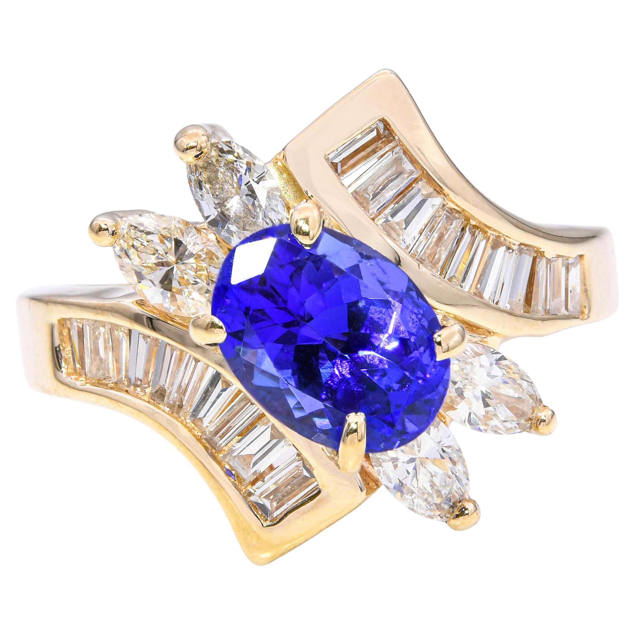 Vintage 14k Yellow Gold 1.25ct Tanzanite and Diamond Statement Ring