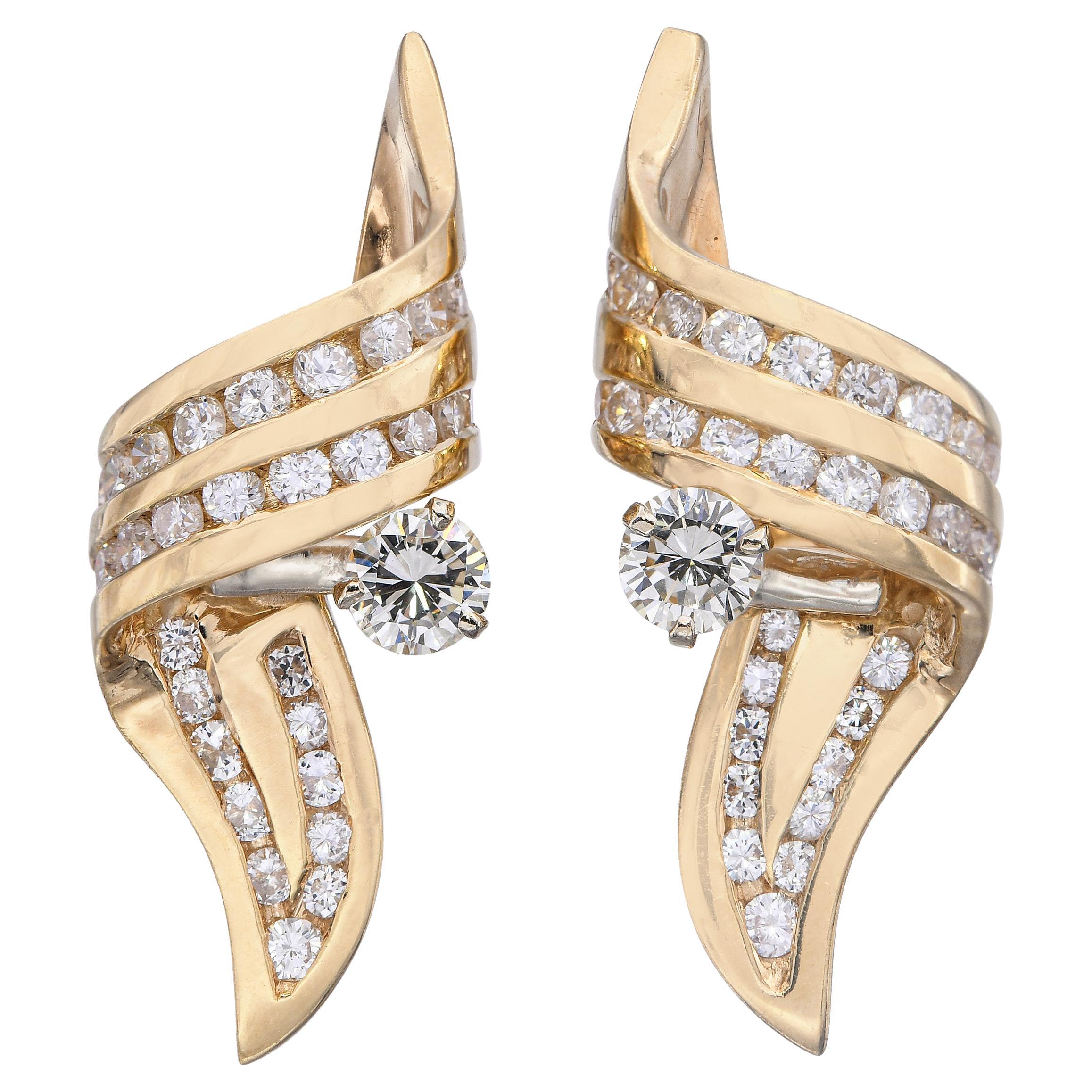 Vintage 14k Yellow Gold 1.26tcw Diamond Ribbon Earrings