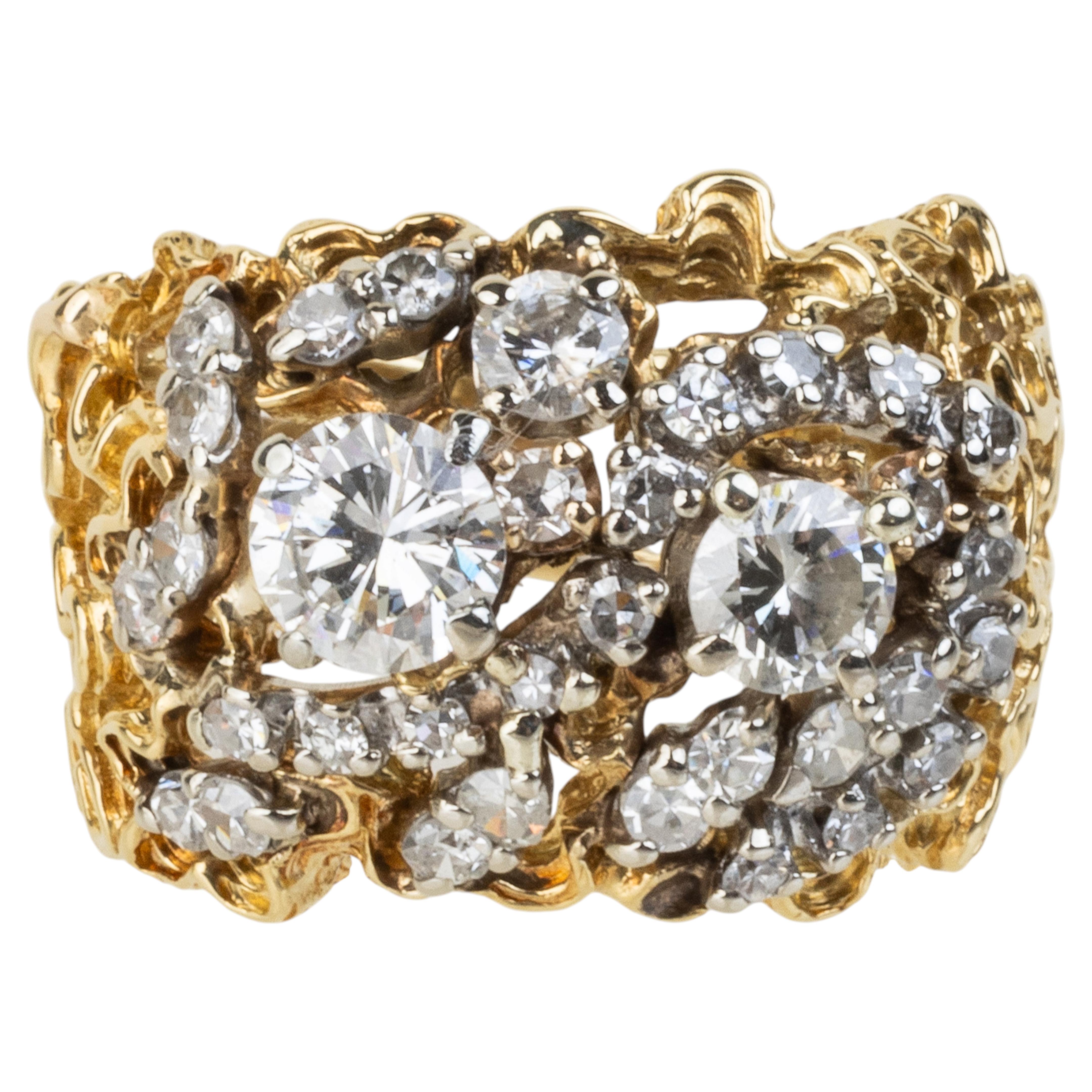 Vintage 14K Yellow Gold 1.40CTW Diamond Statement Nugget Ring For Sale