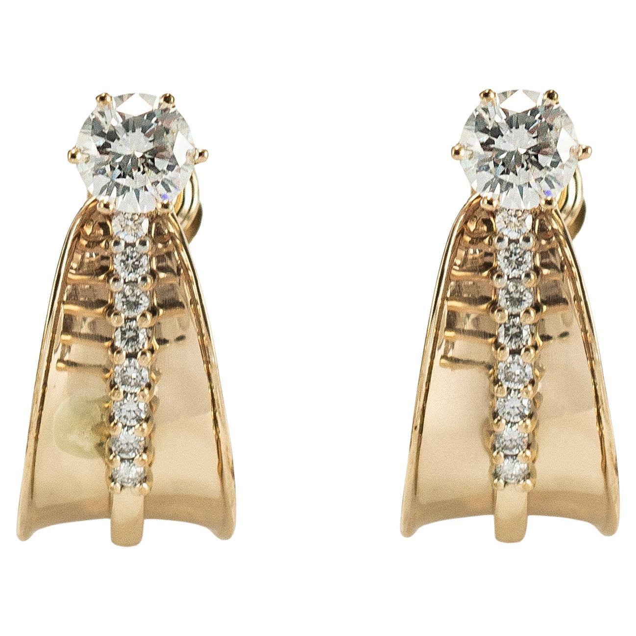 Vintage 14K Yellow Gold 1.43ct Diamond Stud Heggie Clip Dangle J Hoops Earrings For Sale