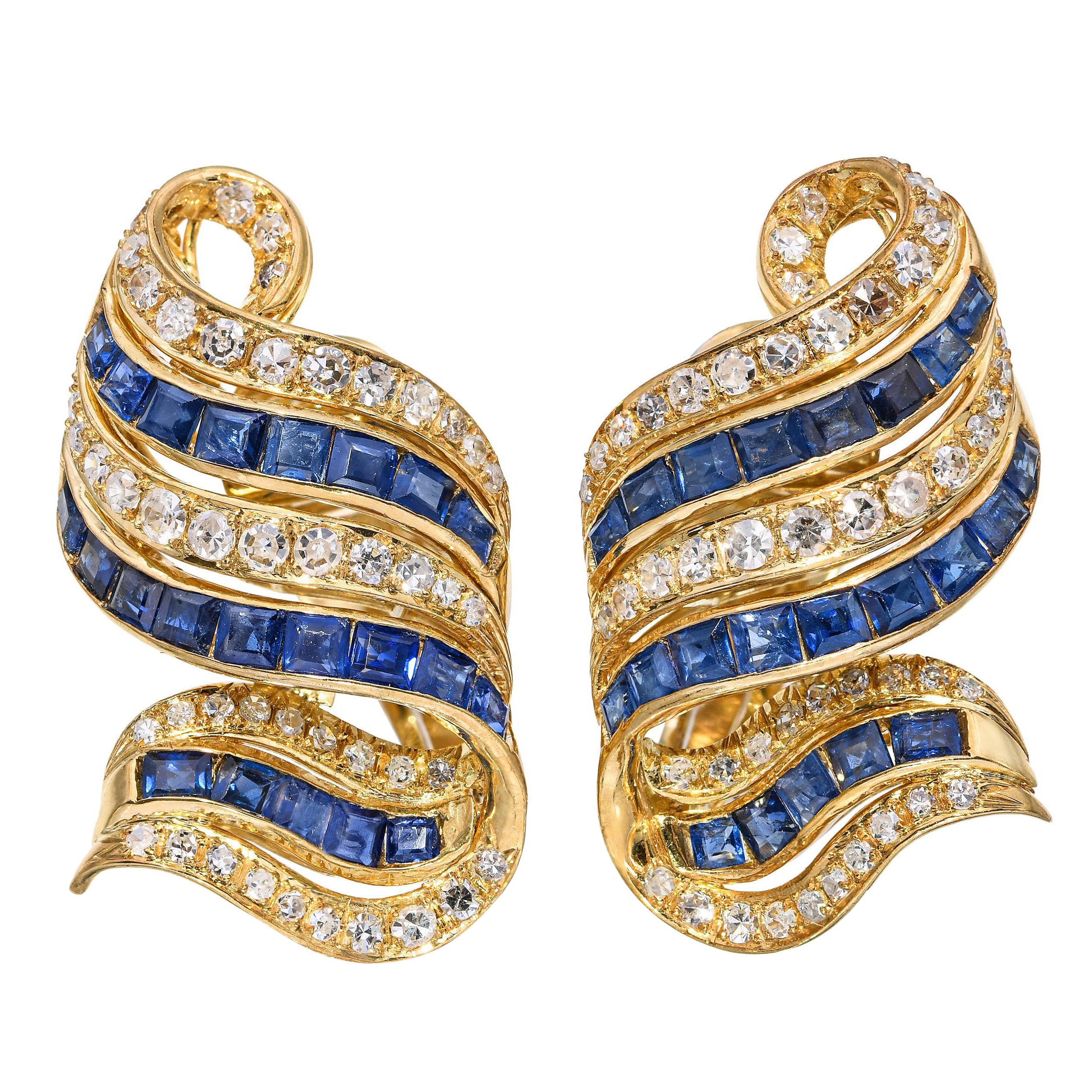 Orecchini a clip in oro giallo 14k con diamanti da 1,43tcw e zaffiri da 2,3tcw