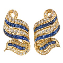 Boucles d'oreilles à pince en or jaune 14k vintage 1.43tcw diamant et 2.3tcw saphir