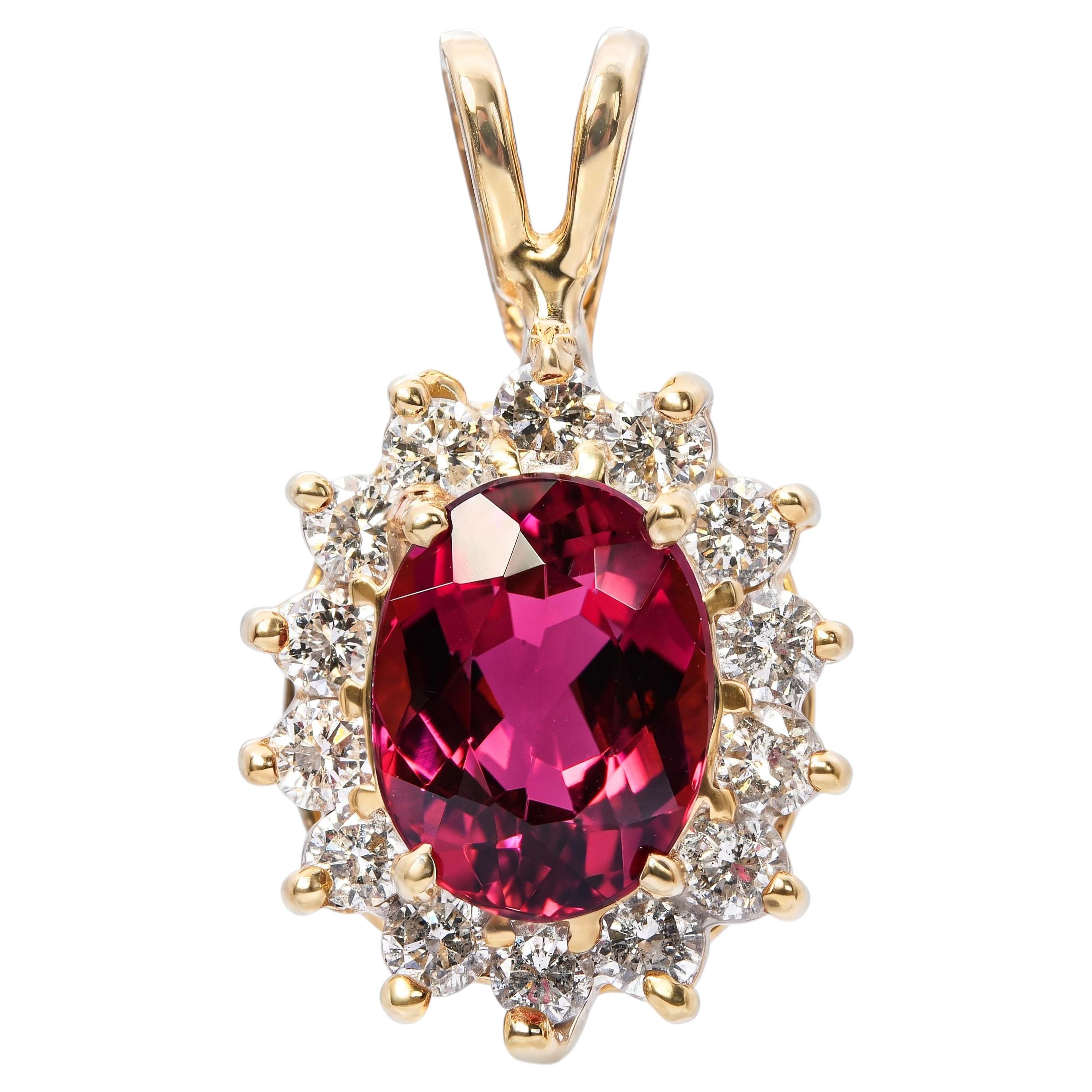 Pendentif vintage en or jaune 14 carats, avec une tourmaline de 1,57 ct et des diamants