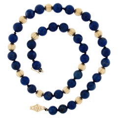 Vintage 14k Yellow Gold 16" 8.4mm Lapis & Grooved Gold Balls Strand Necklace