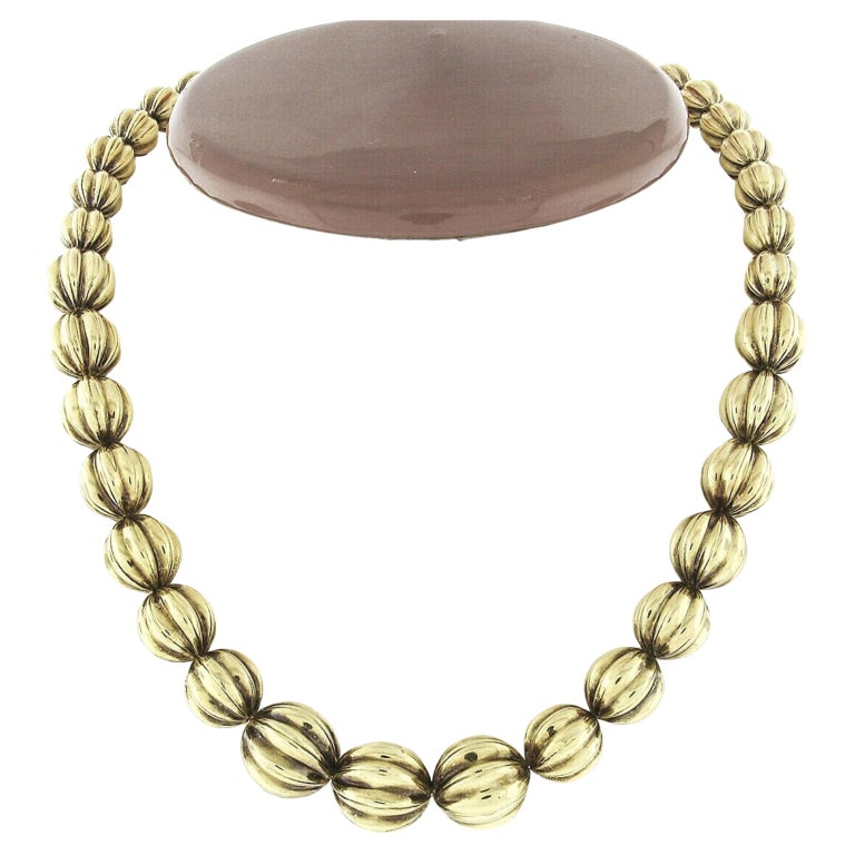 Vintage 14k Yellow Gold Graduated Grooved Ball Bead Necklace For Sale