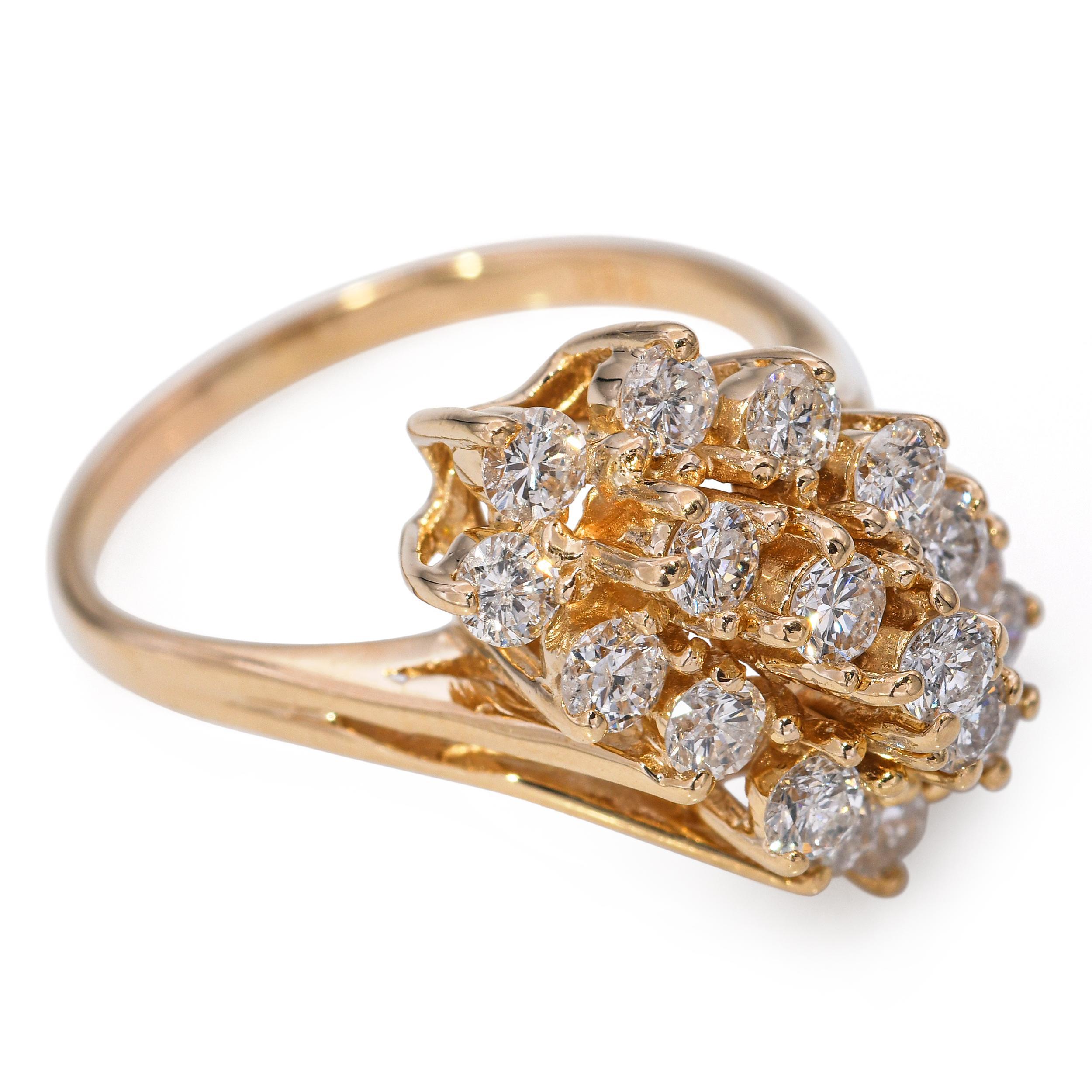 Donna Anello Vintage in oro giallo 14k con cascata di diamanti da 1,61tcw in vendita