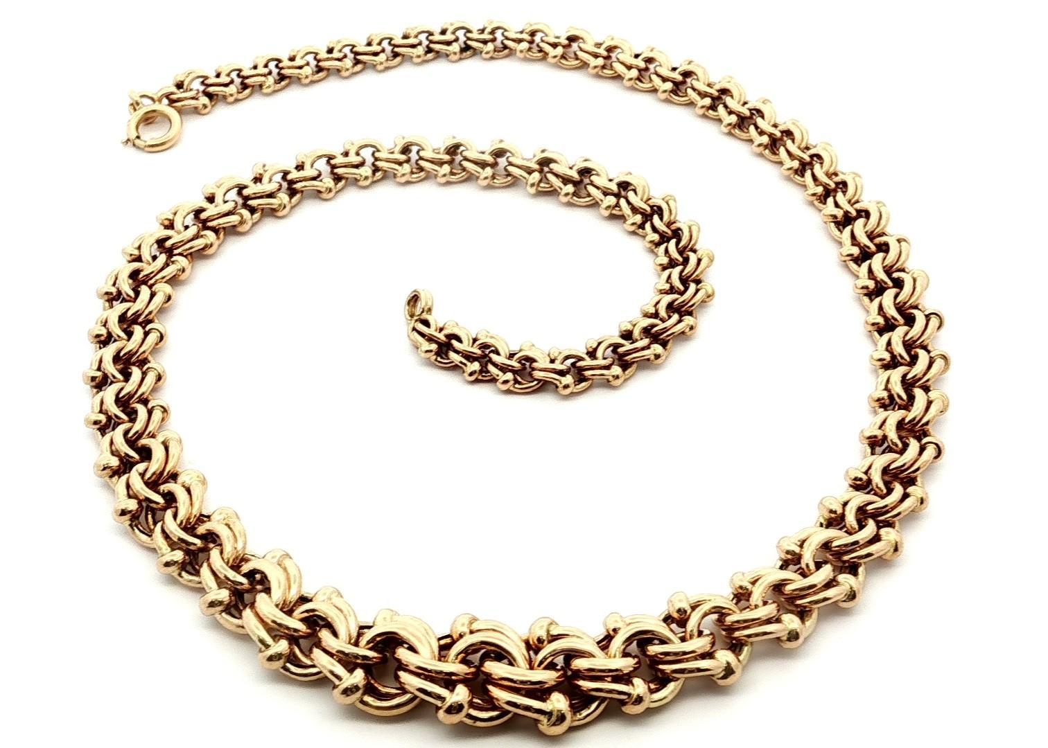 Vintage 14k Yellow Gold 17" Graduated Interlocking & Bead Design Link Necklace in vendita