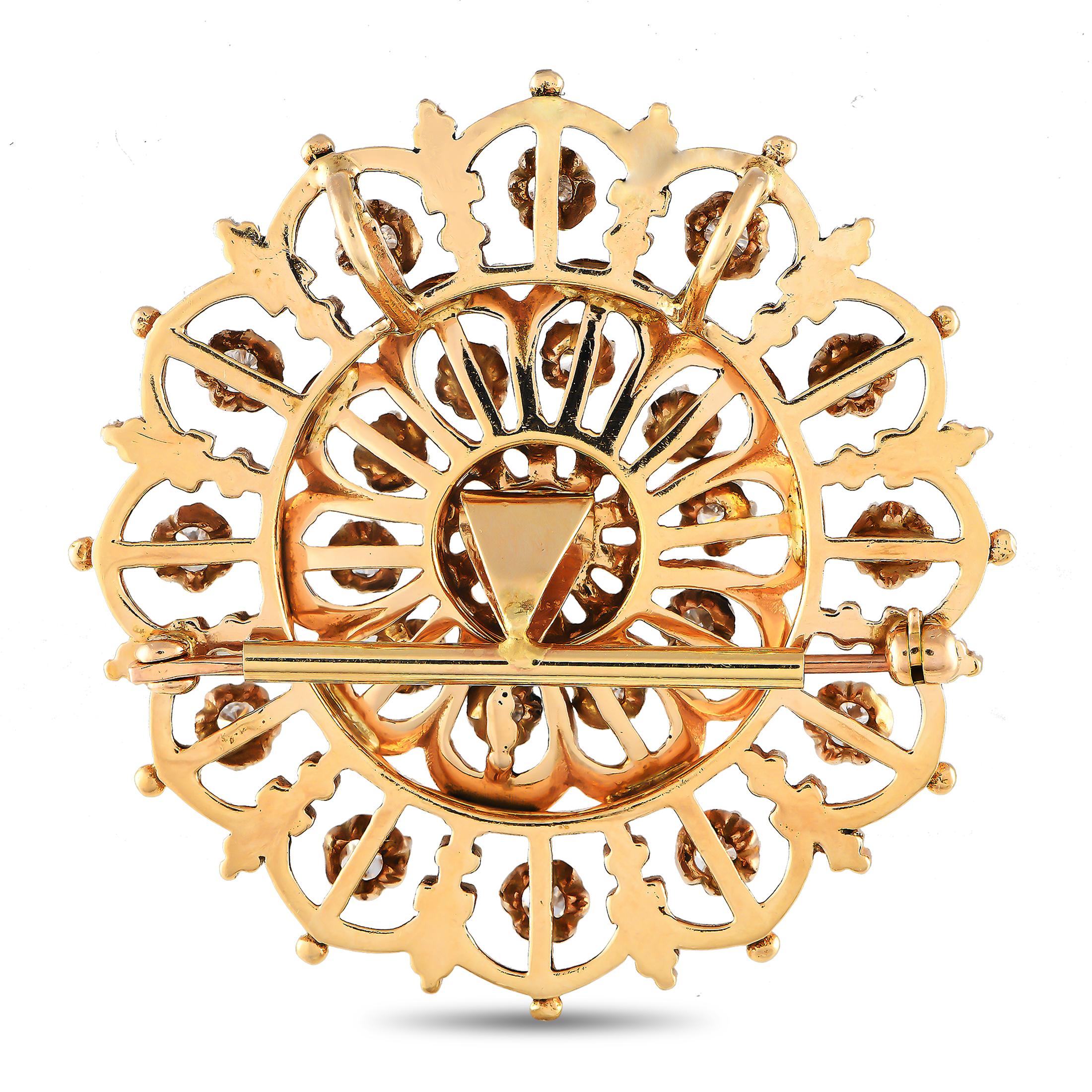 Intricate metalwork makes this 14K Yellow Gold combination brooch and pendant a magnificent piece that will continually capture your imagination. Diamonds with a total weight of 1.70 carats elevate this pieces dynamic circular design, which measures