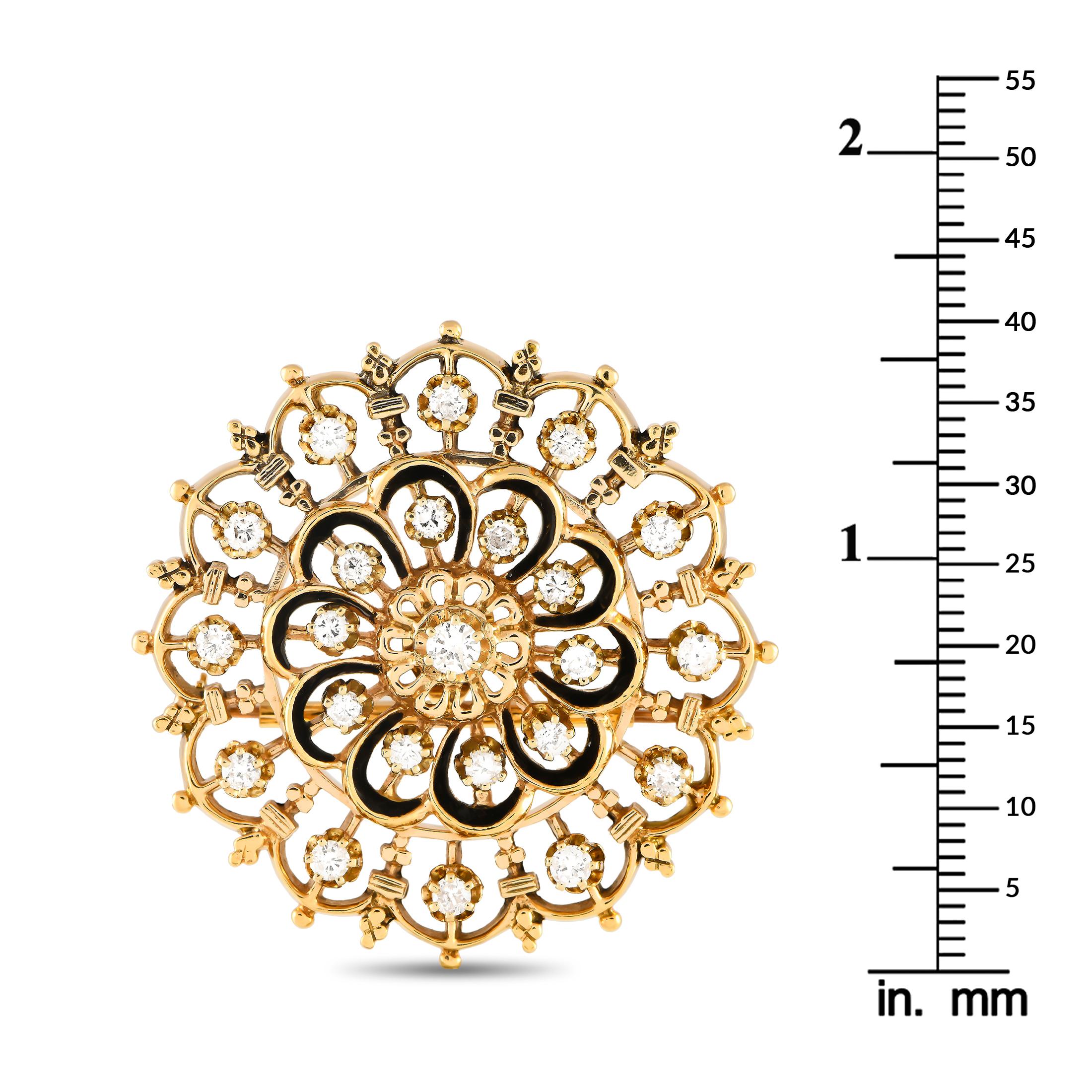 Round Cut Vintage 14K Yellow Gold 1.70ct Diamond Enameled Brooch/Pendant For Sale