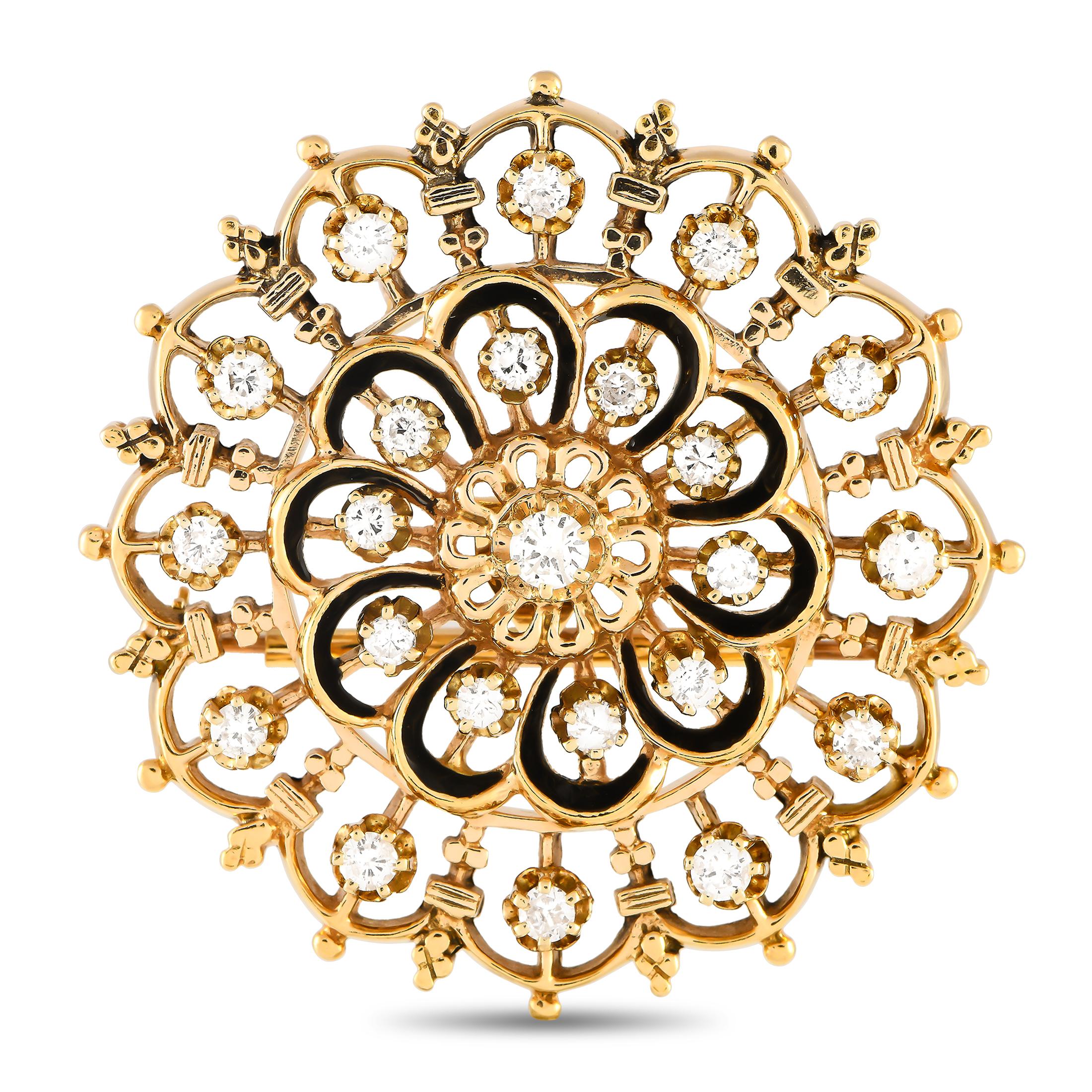Vintage 14K Yellow Gold 1.70ct Diamond Enameled Brooch/Pendant In Excellent Condition In Southampton, PA