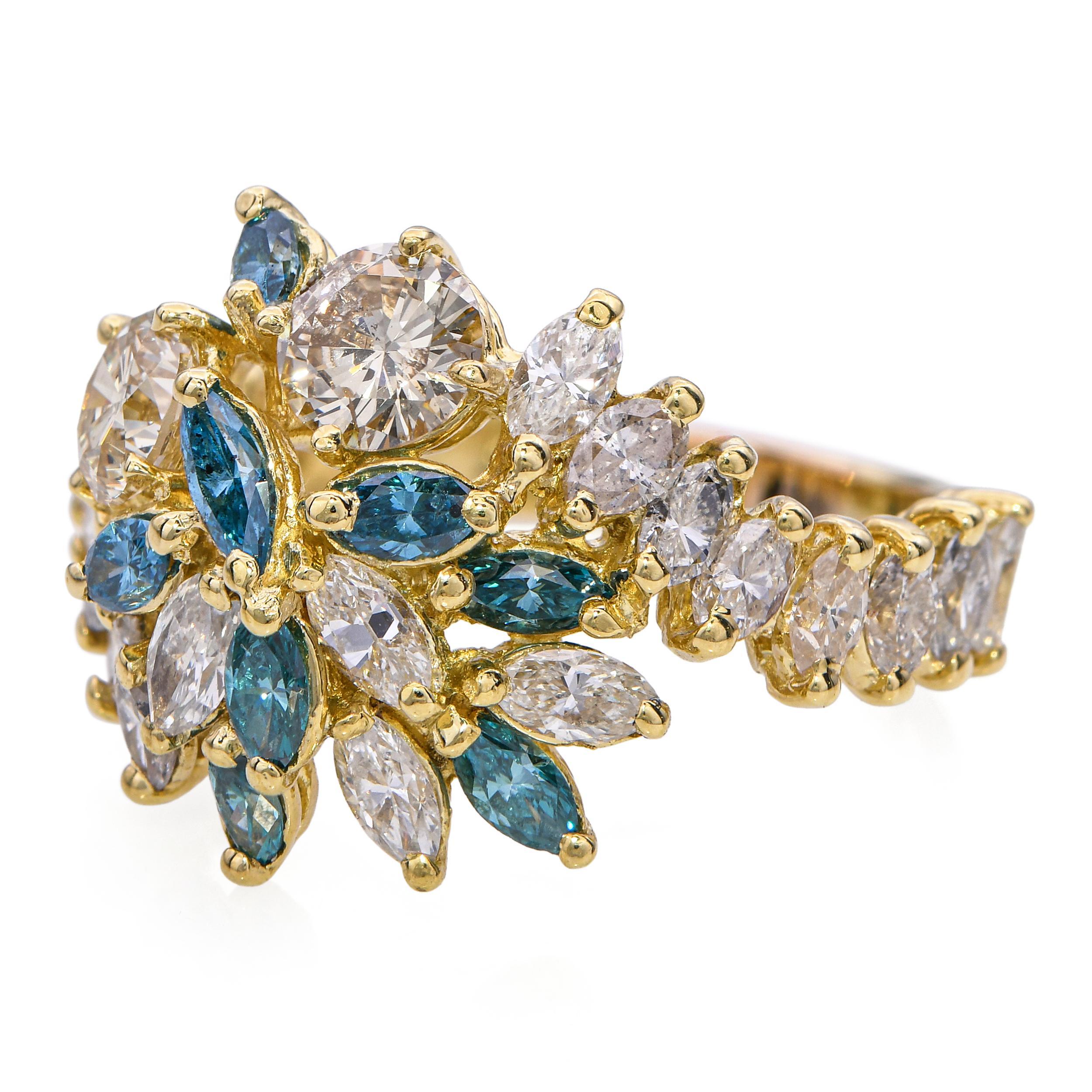 Vintage 14k Yellow Gold 1.74tcw Diamond & Enhanced Blue Diamond Ring In Good Condition For Sale In New York, NY