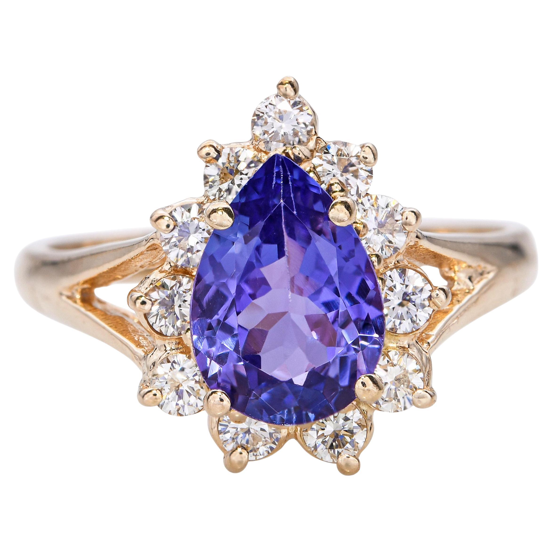 Vintage 14k Gelbgold 1,75ct Tansanit und 0,33tcw Diamant Halo Ring