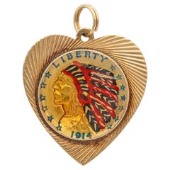 Vintage 14K Yellow Gold 1914 2.50 Dollar Indian Eagle Heart Charm Pendant