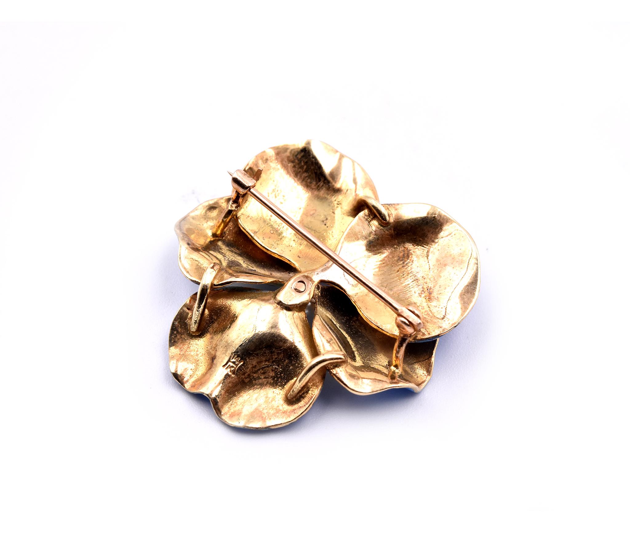 Women's Vintage 14 Karat Yellow Gold 1920s Enamel Flower Pin