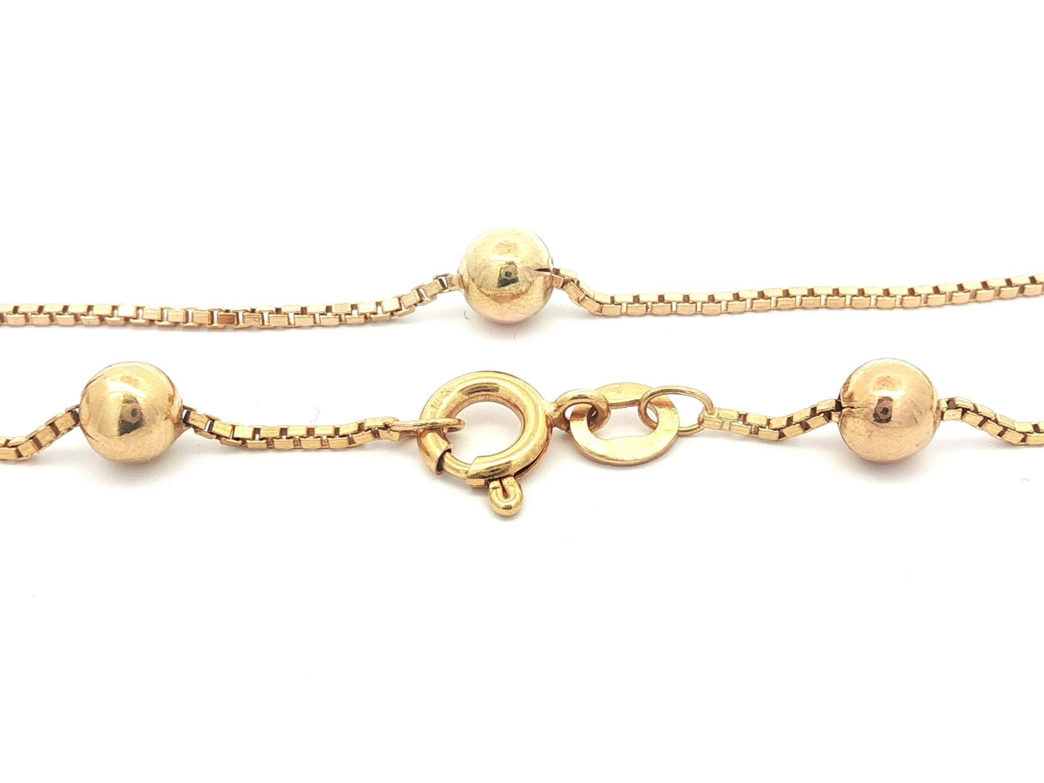 MATERIAL: Massives 14k Gelbgold
Gewicht: 6,2 Gramm
Kette Typ: 19,5 Zoll - Bead Ball Station auf Box Link - Federringverschluss
Dicke und Breite: 4,6 mm (0,18) (ca.) (an den Perlen) - 1 mm (0,04