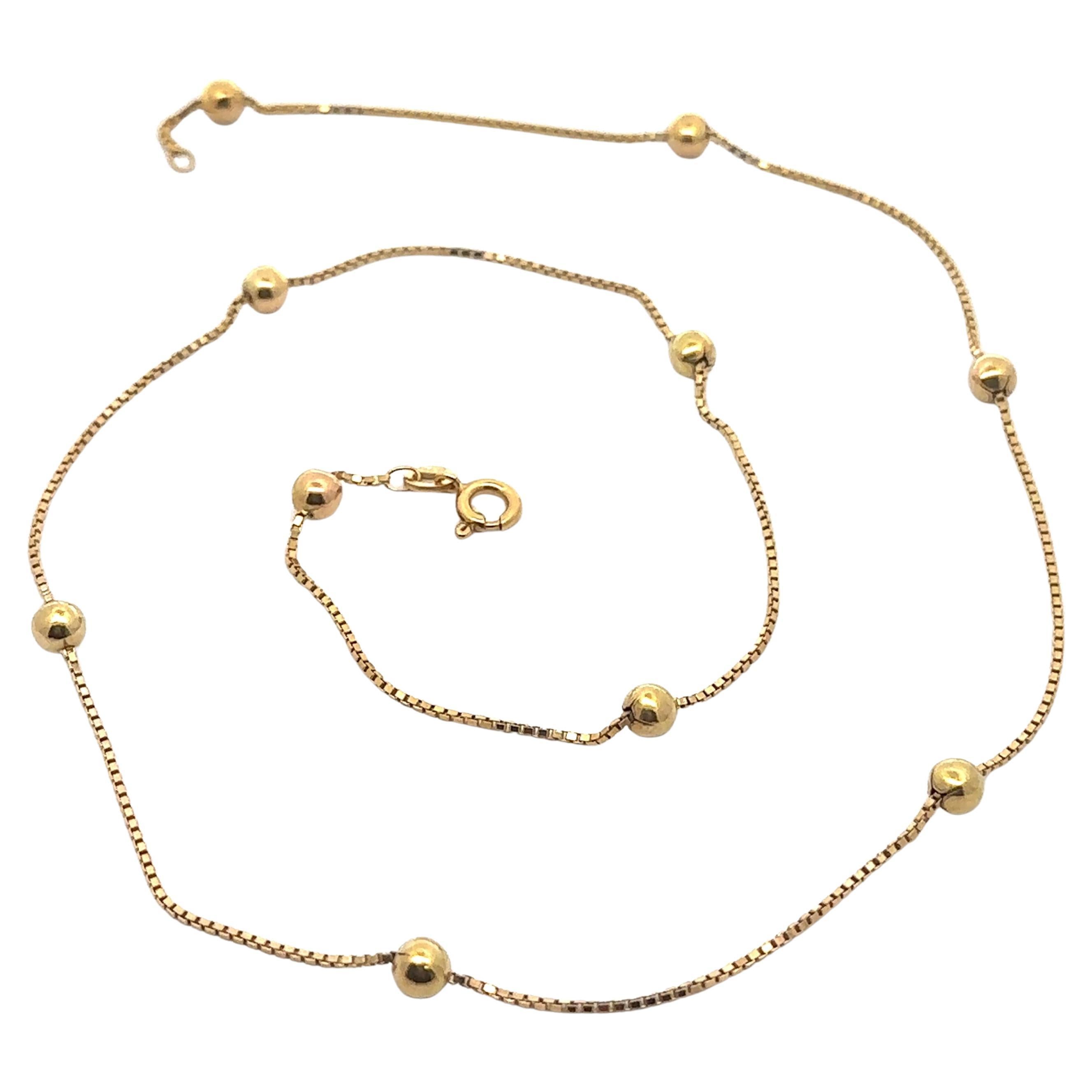 Vintage 14k Yellow Gold 19.5" Box Link Round Bead Ball Stations Chain Necklace