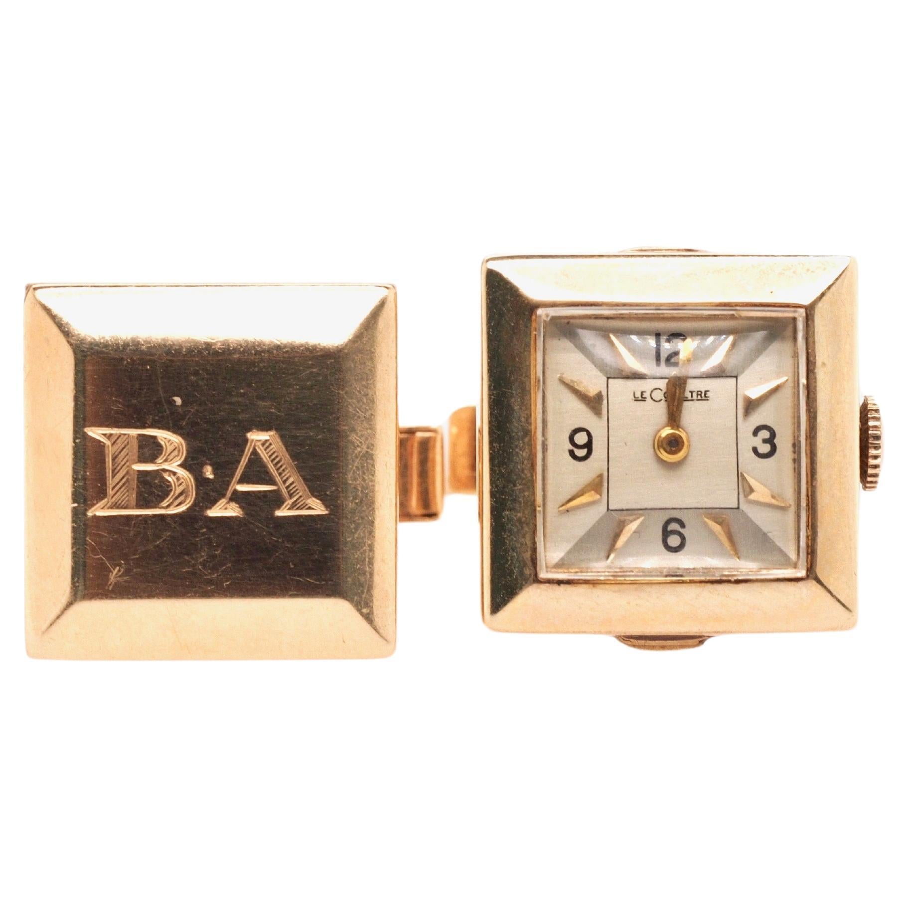 Vintage 14K Yellow Gold 1950s LeCoultre Cufflinks with Watch For Sale