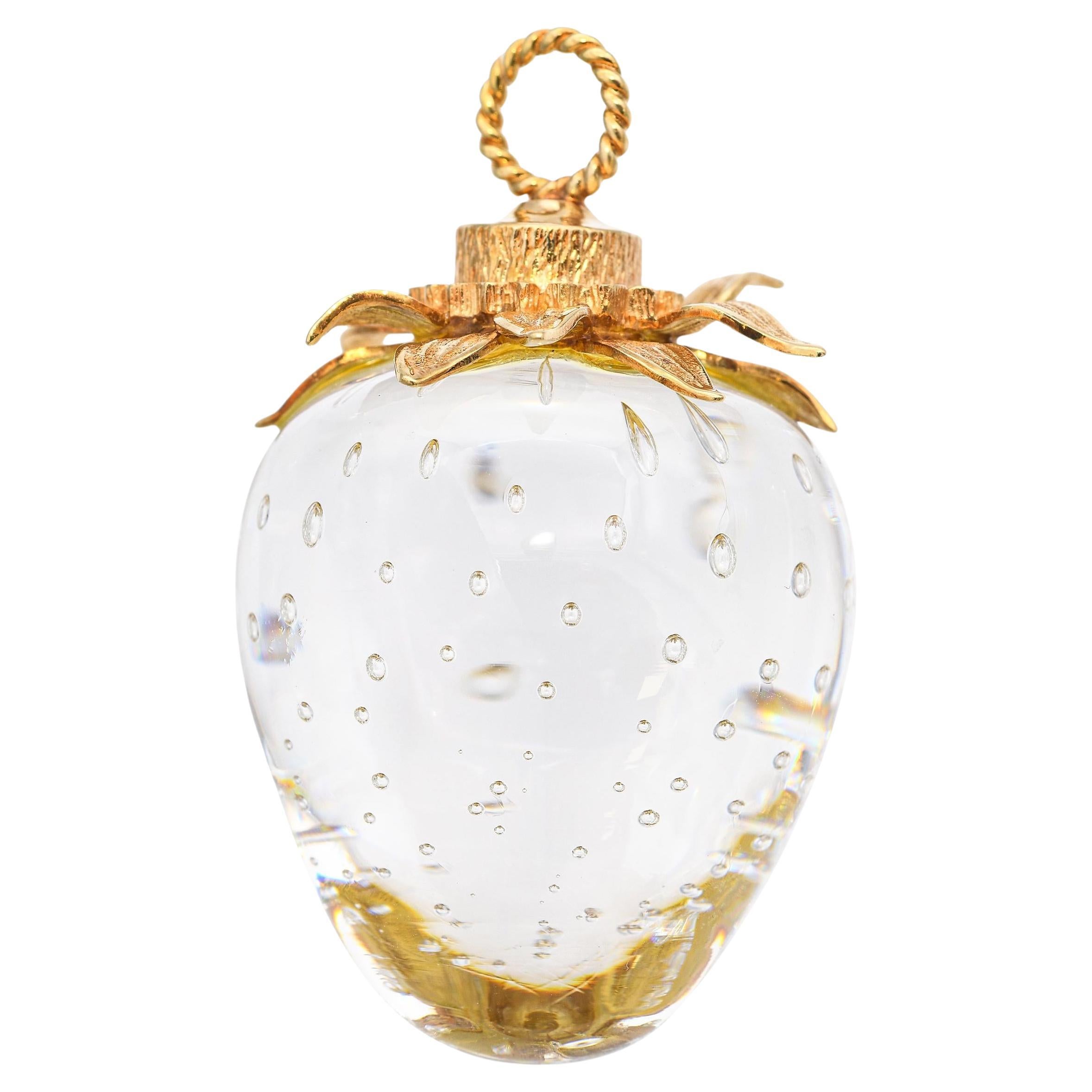 Vintage 14k Yellow Gold 1984 Steuben Crystal Strawberry Pendentif