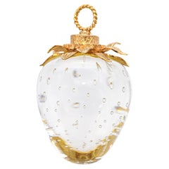 Colgante vintage de fresa de cristal Steuben 1984 de oro amarillo de 14k